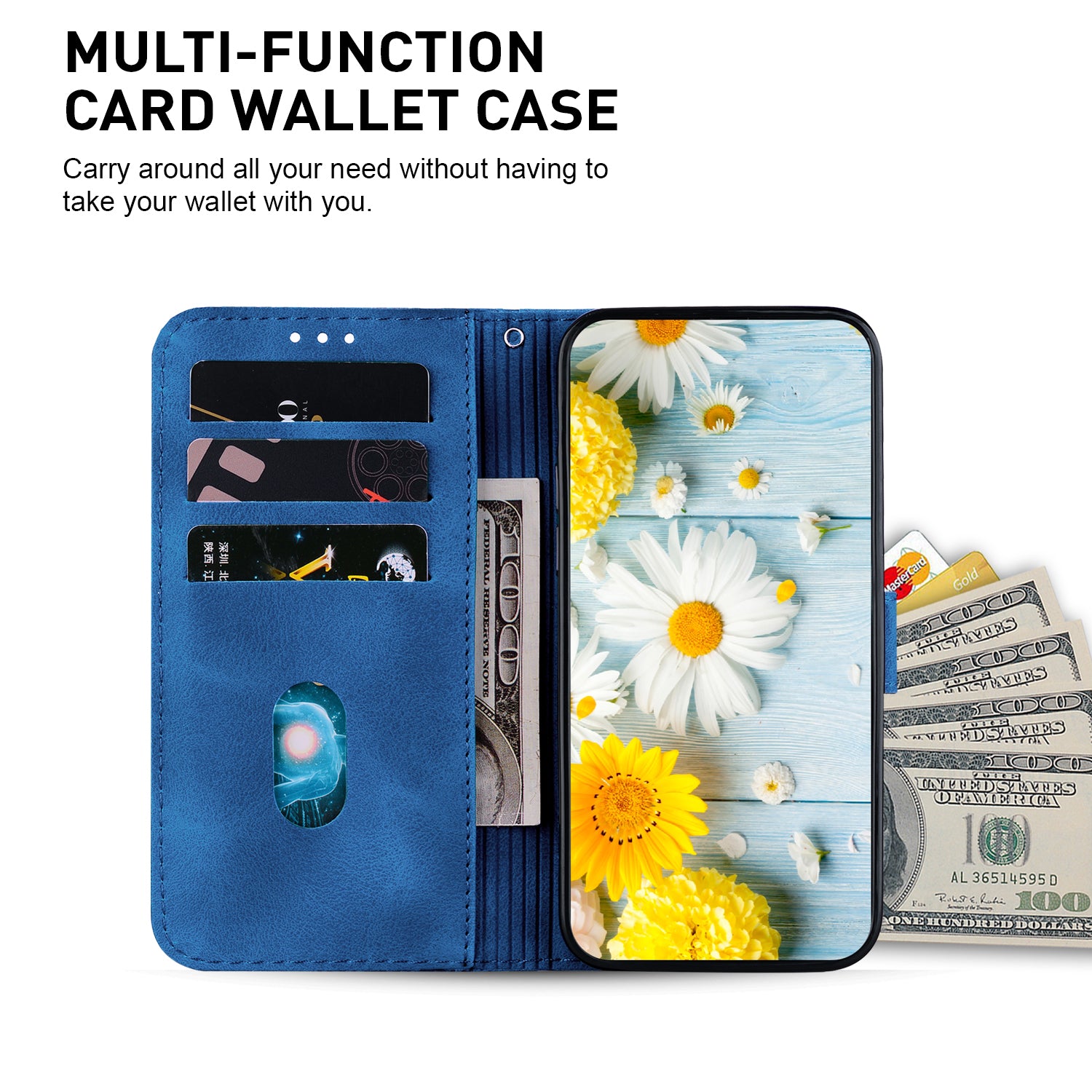 For Xiaomi Redmi Note 13 Pro+ 5G Wallet Case Flower Magnetic Leather Folio Phone Cover - Dark Blue