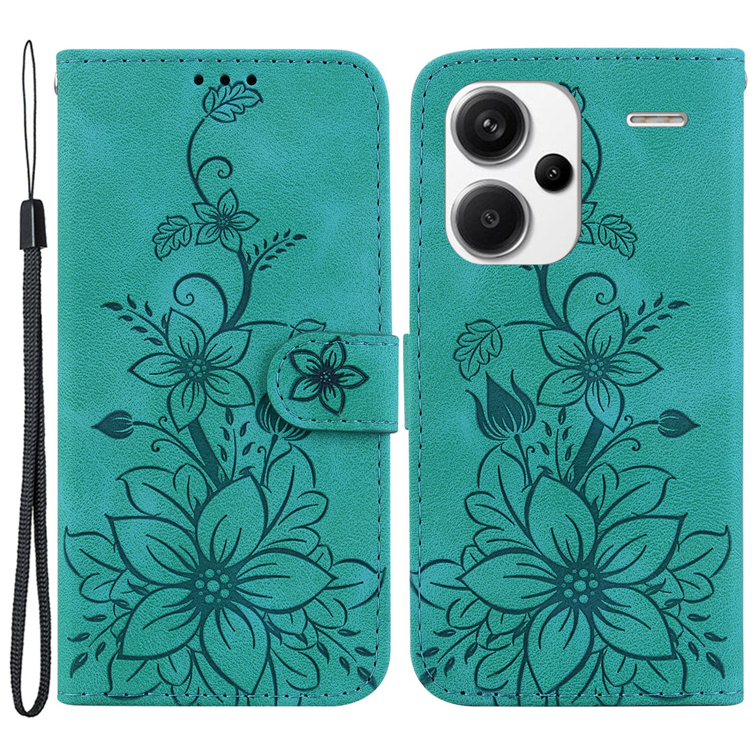 For Xiaomi Redmi Note 13 Pro+ 5G Wallet Case Flower Magnetic Leather Folio Phone Cover - Green