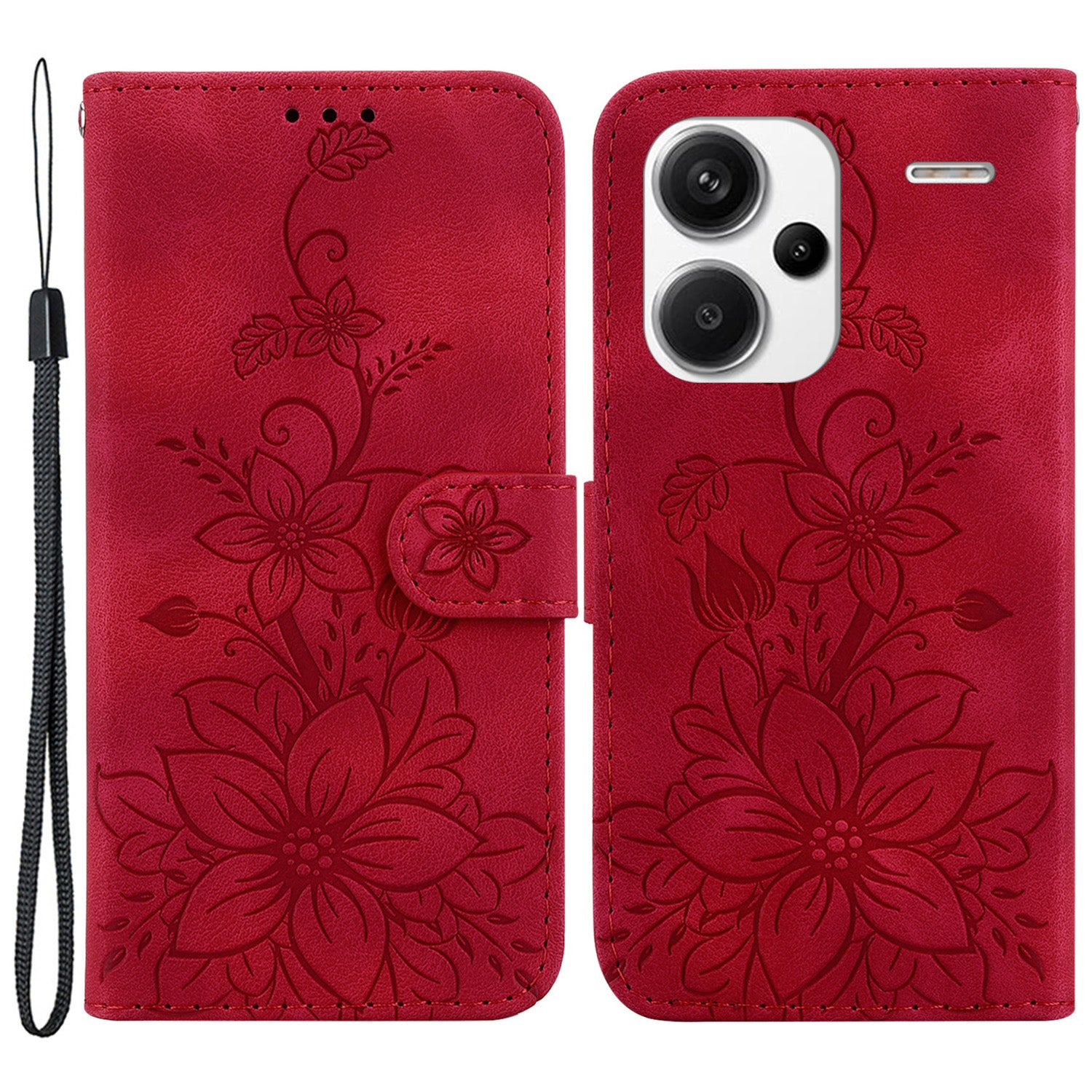 For Xiaomi Redmi Note 13 Pro+ 5G Wallet Case Flower Magnetic Leather Folio Phone Cover - Red