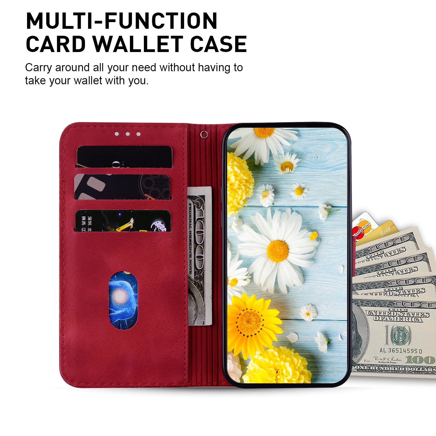 For Xiaomi Redmi Note 13 Pro+ 5G Wallet Case Flower Magnetic Leather Folio Phone Cover - Red