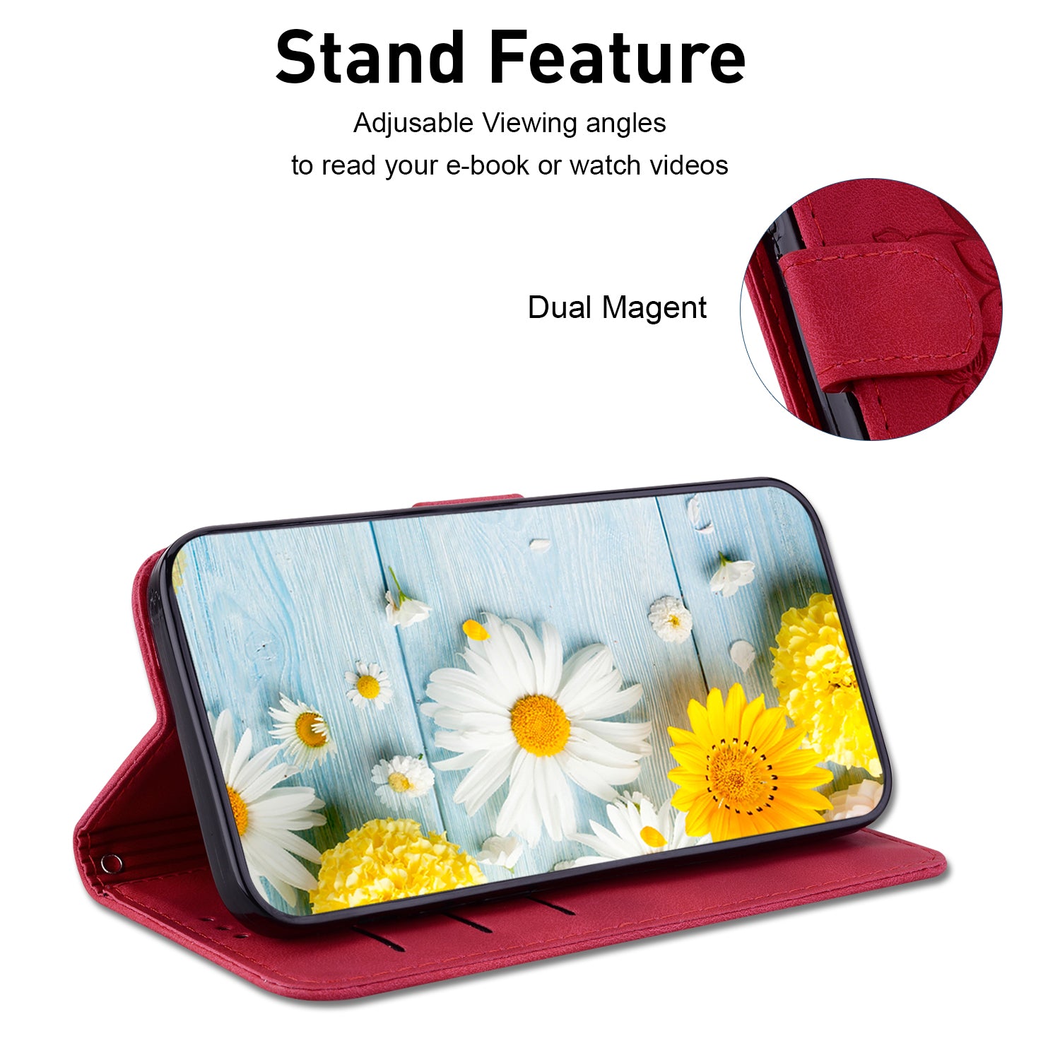 For Xiaomi Redmi Note 13 Pro+ 5G Wallet Case Flower Magnetic Leather Folio Phone Cover - Red