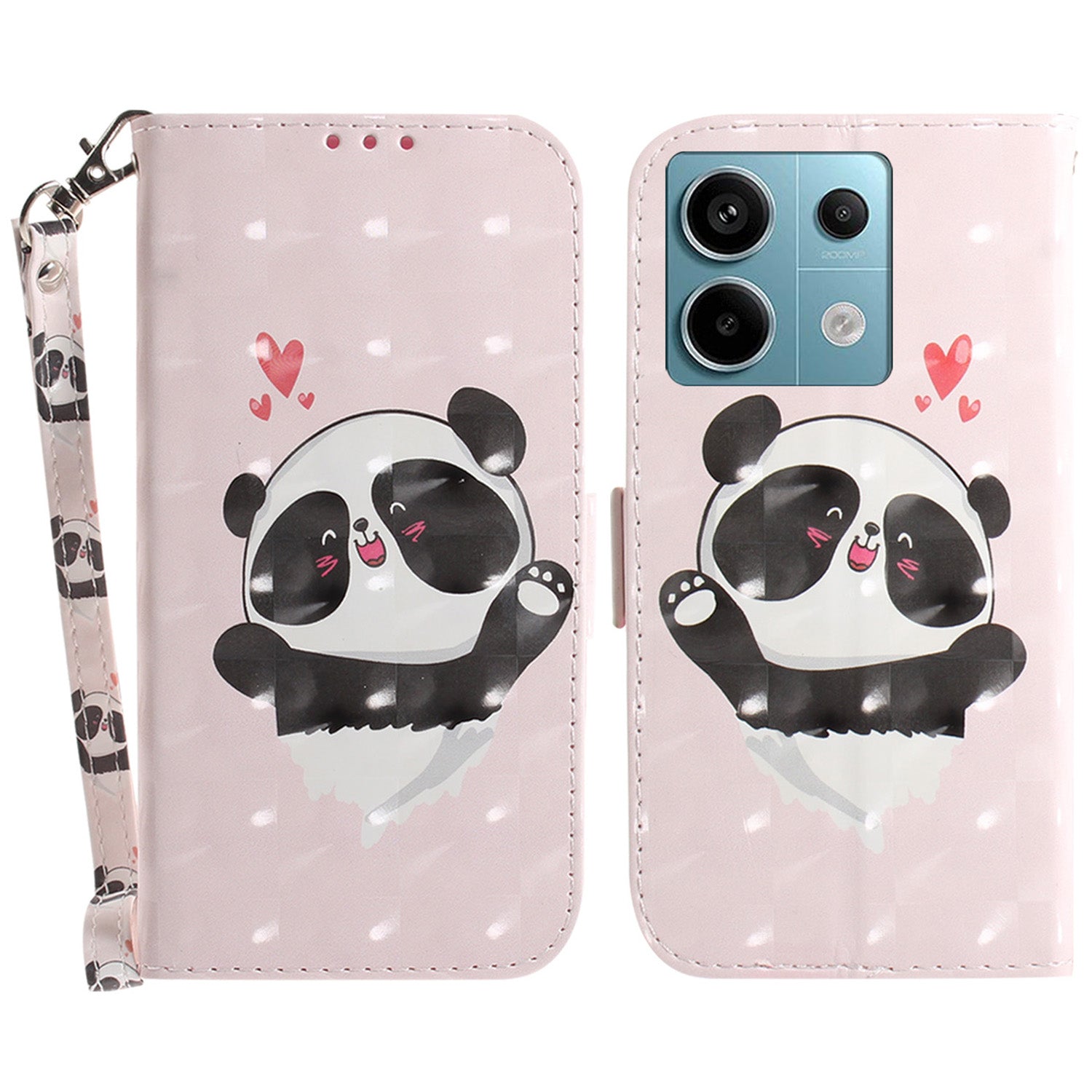 For Xiaomi Redmi Note 13 Pro 5G / Poco X6 5G Wallet Case 3D Pattern Print Leather Cover with Strap - Love Heart Panda
