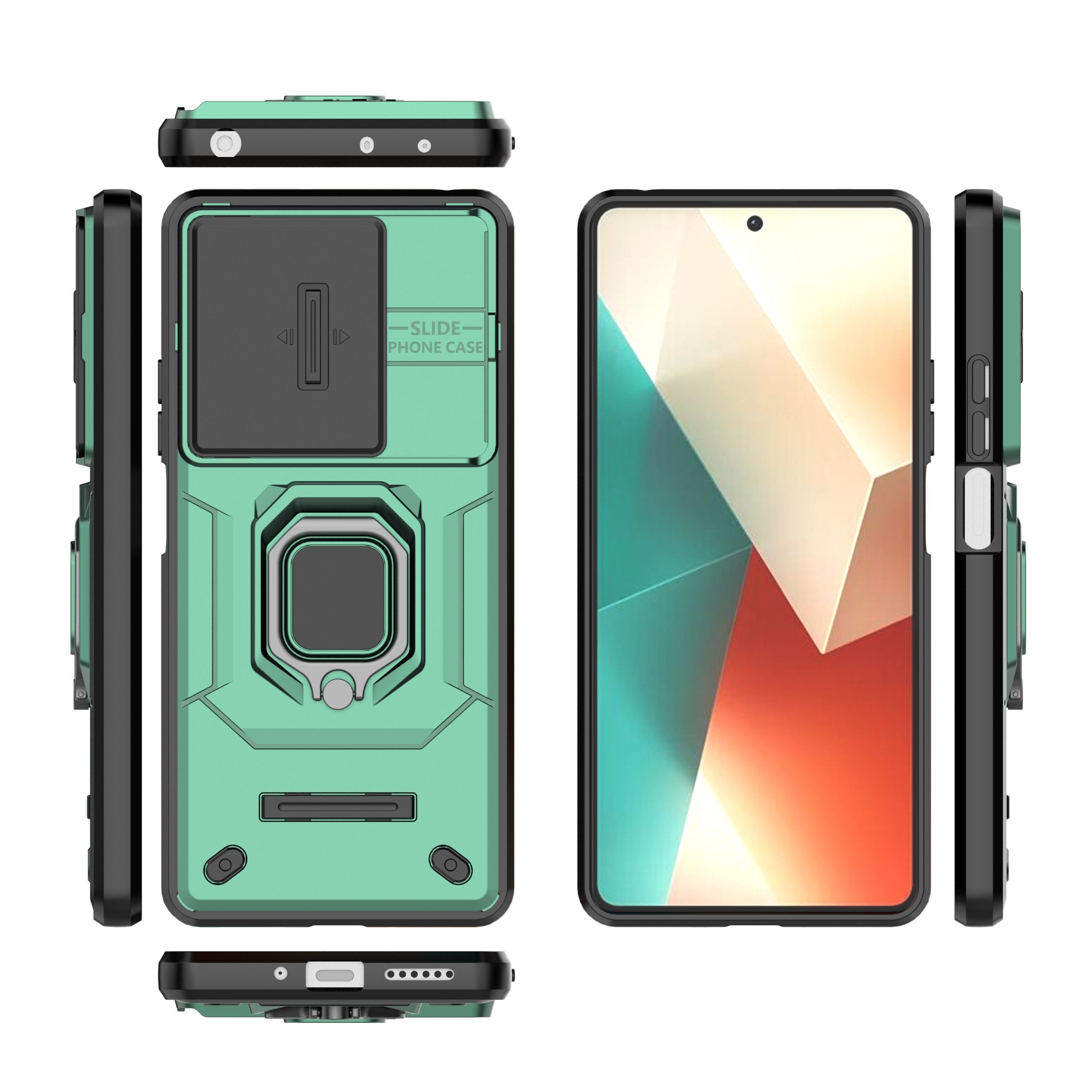 For Xiaomi Redmi Note 13 5G / Note 13 5G (China) Case Kickstand Phone Cover Slide Lens Lid - Green