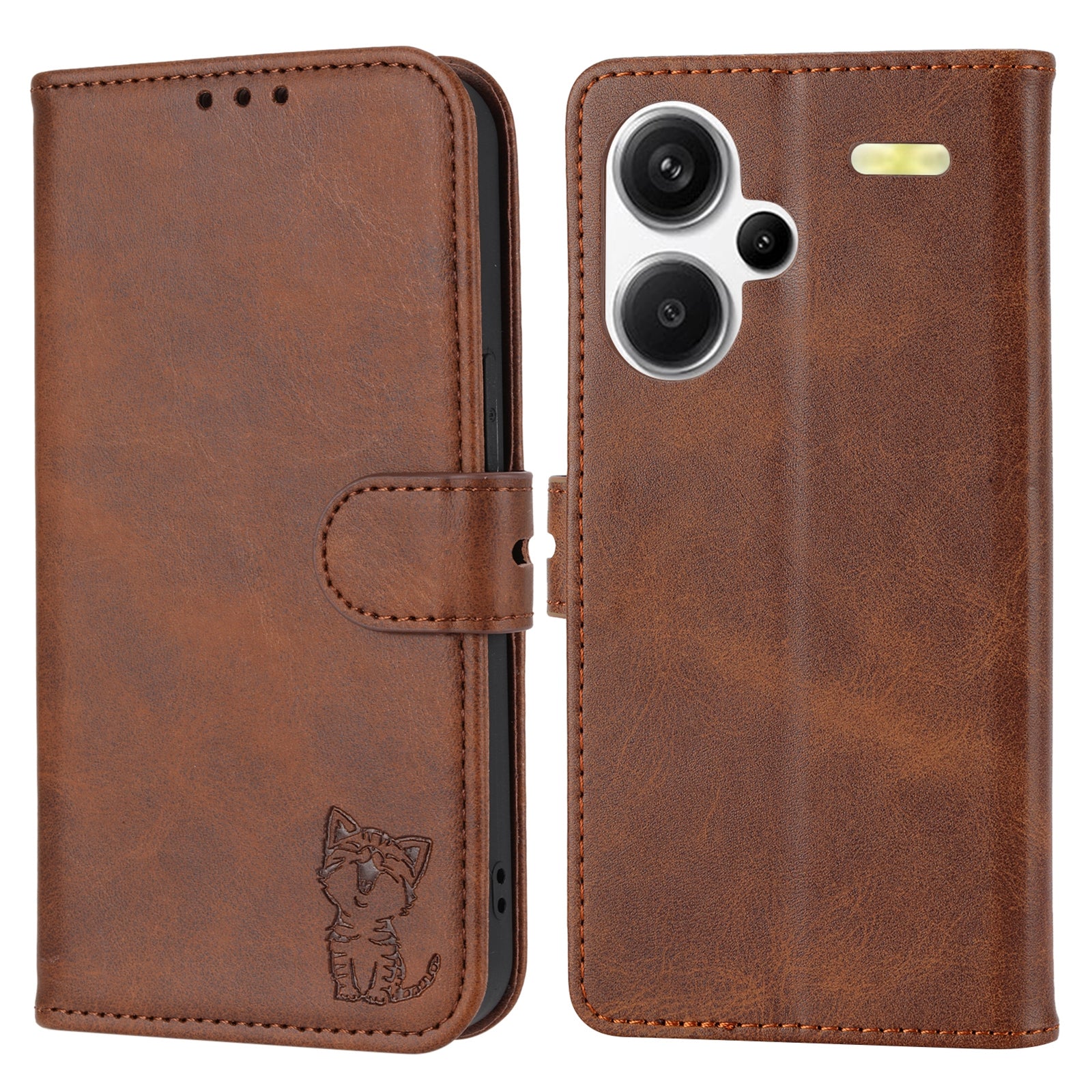 For Xiaomi Redmi Note 13 Pro+ 5G Wallet Case Happy Cat Pattern Shockproof Flip Phone Cover - Blue - Brown