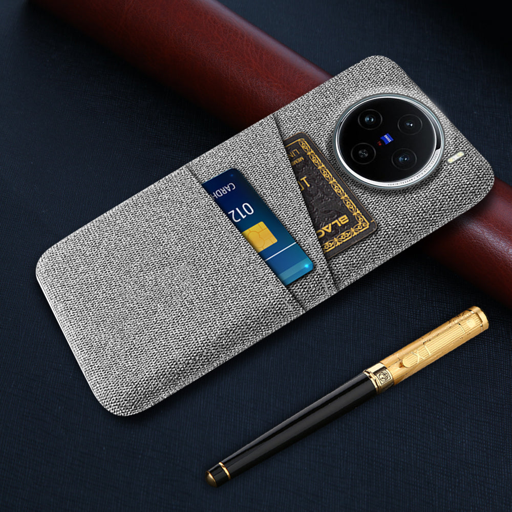 For vivo X100 5G Case Dual Card Slots Hard PC+Cloth Phone Cover - Light Grey