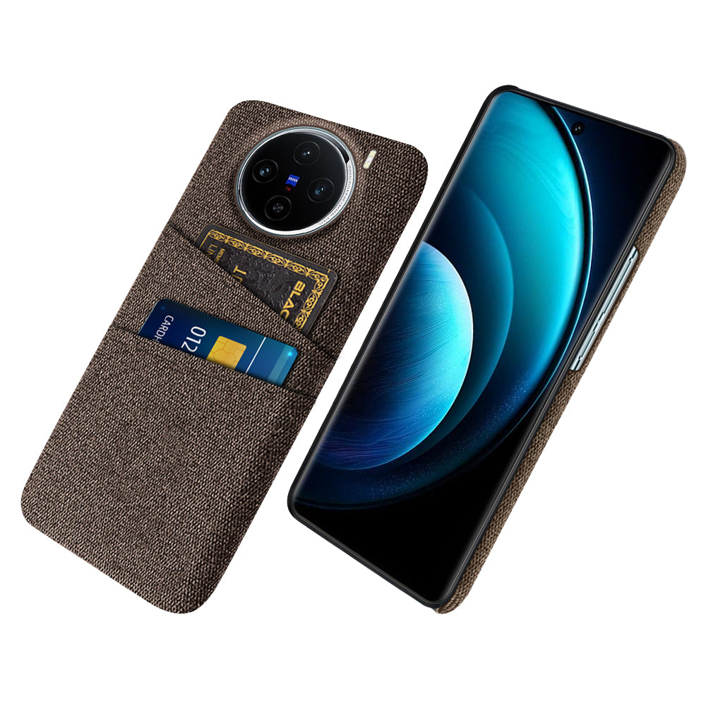For vivo X100 5G Case Dual Card Slots Hard PC+Cloth Phone Cover - Brown
