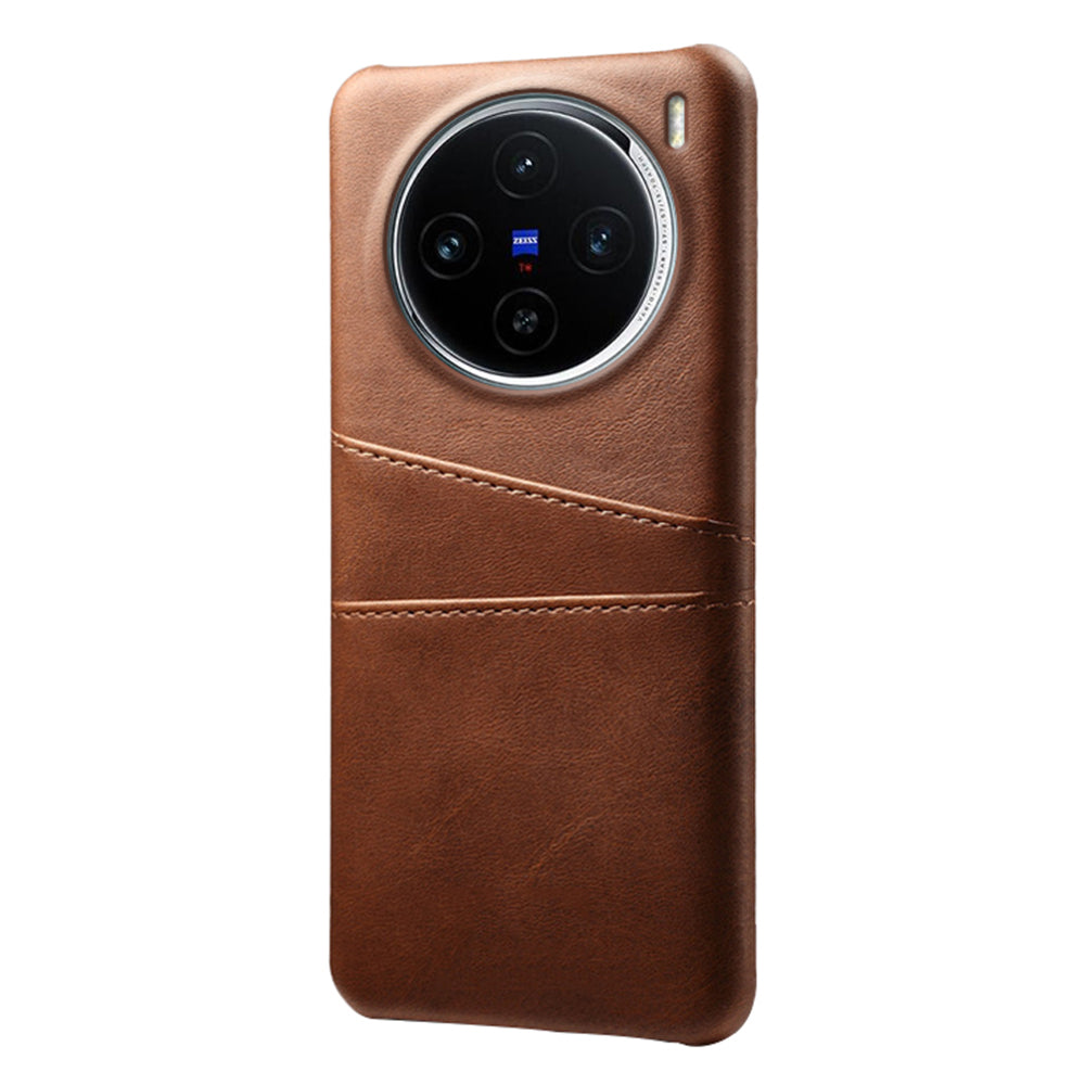 For vivo X100 5G Phone Case Leather Coated PC Cover with Dual Card Holder - Brown