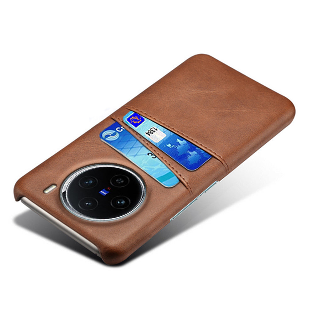 For vivo X100 5G Phone Case Leather Coated PC Cover with Dual Card Holder - Brown