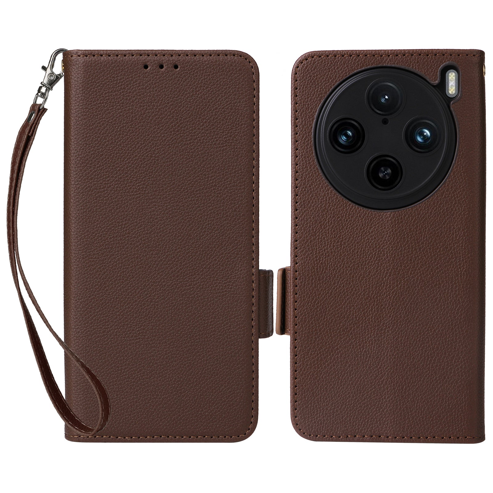 For vivo X100 Pro 5G  Case Card Slots Shockproof Phone Cover with Litchi Texture - Brown