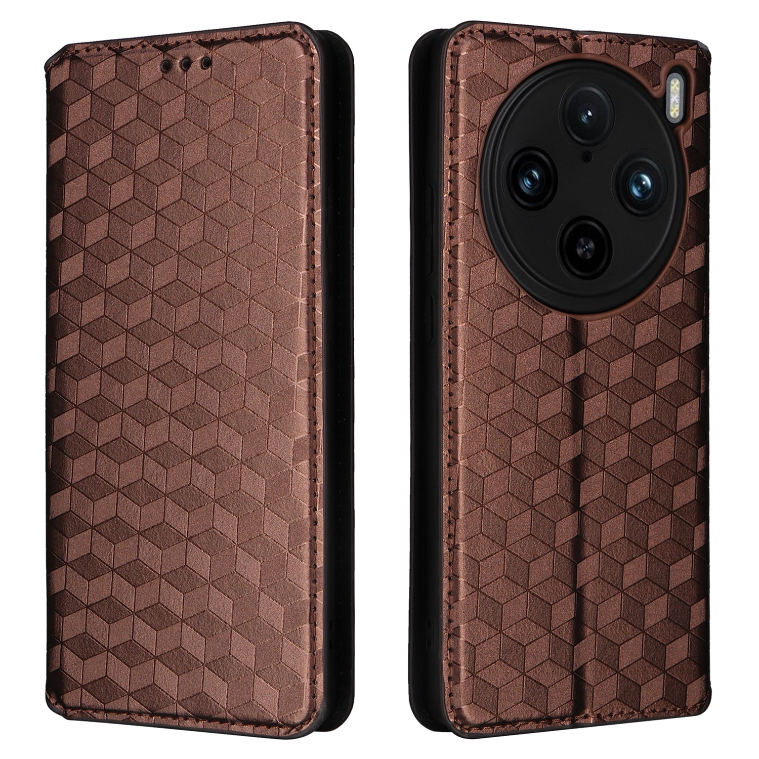 For vivo X100 Pro 5G Case Magnetic Closure Wallet Phone Protector Rhombus Pattern - Brown