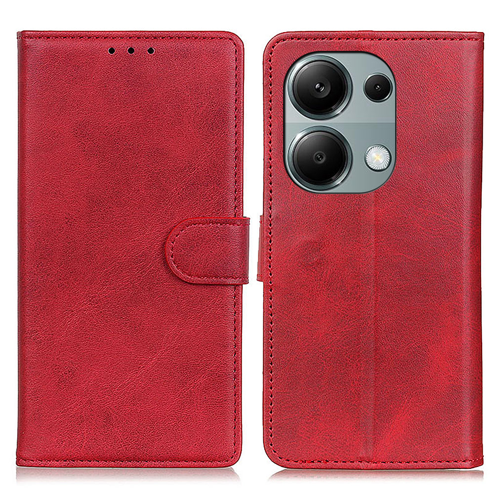 Wallet Case for Xiaomi Redmi Note 13 4G Shell Leather Cowhide Texture Phone Cover - Red