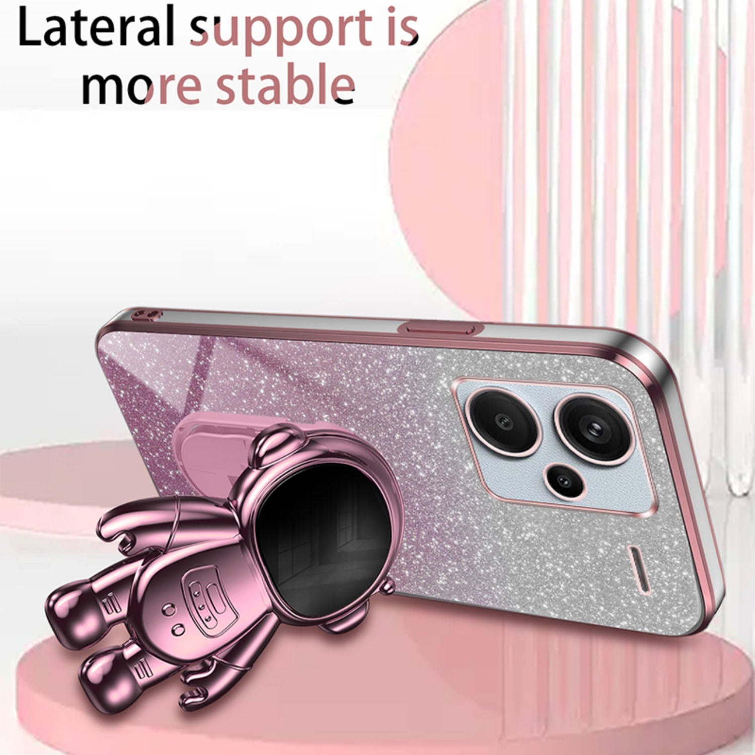 For Xiaomi Redmi Note 13 Pro+ 5G Phone Case Astronaut Kickstand Anti-shock Electroplated Cover - Pink