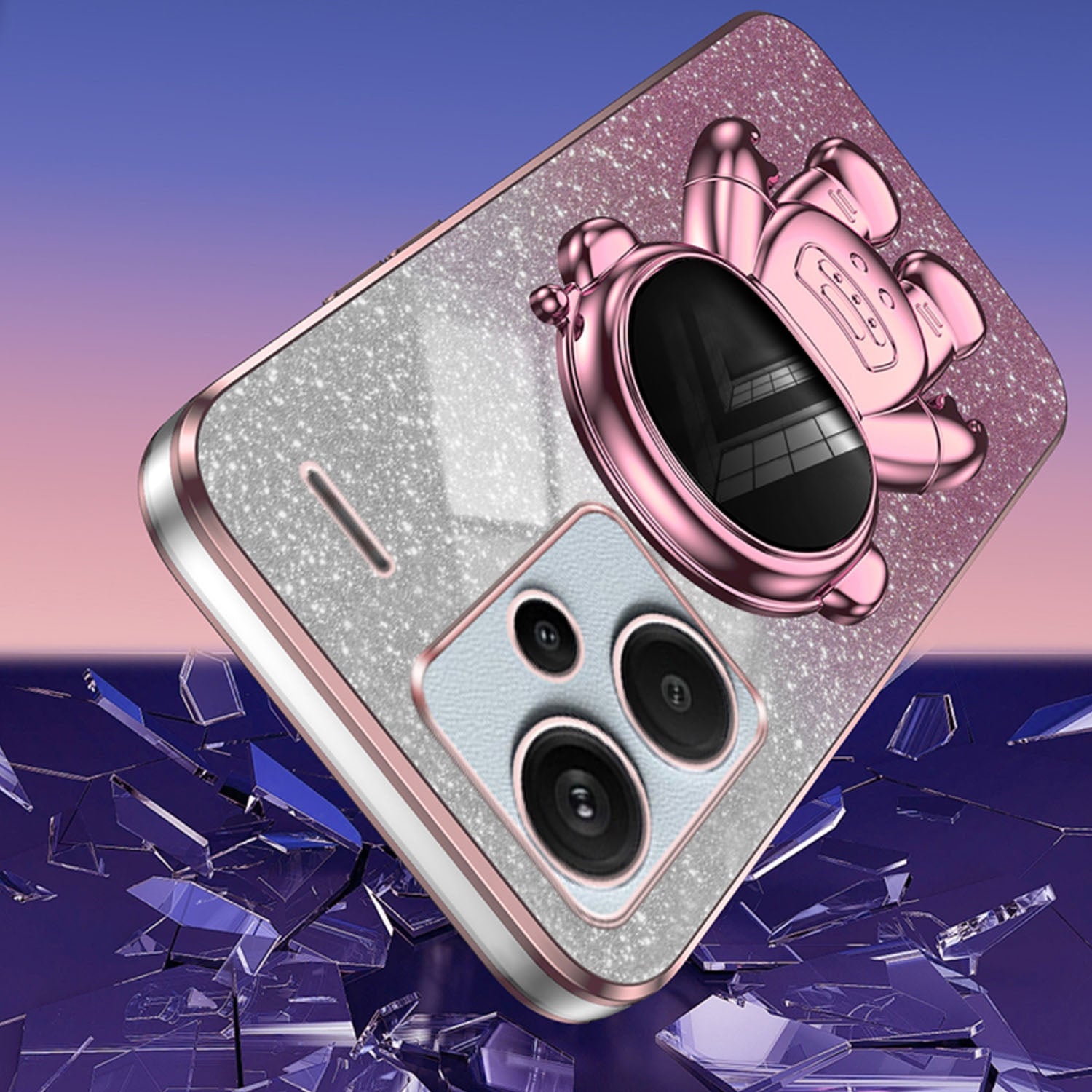 For Xiaomi Redmi Note 13 Pro+ 5G Phone Case Astronaut Kickstand Anti-shock Electroplated Cover - Pink