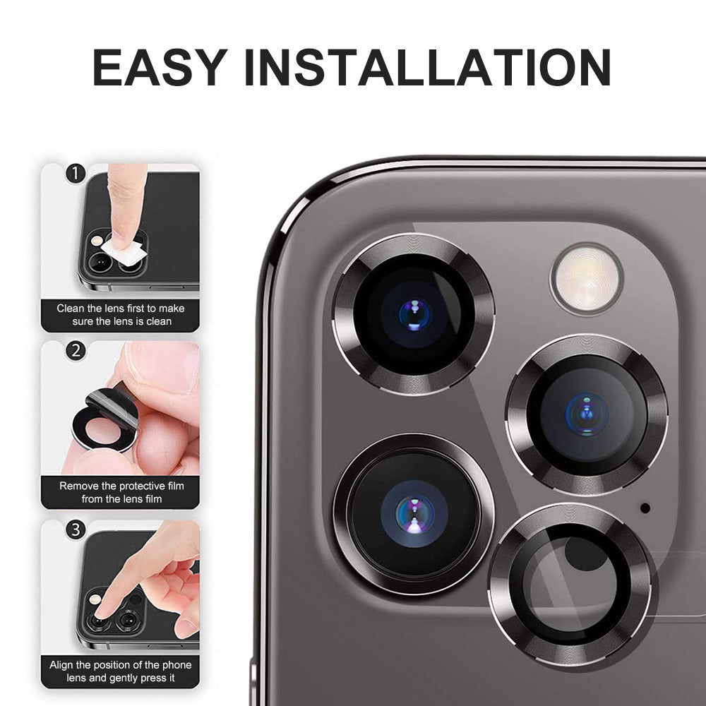 Uniqkart For iPhone 15 Pro / 15 Pro Max 1 Set Camera Lens Film Tempered Glass + Aluminum Alloy Ring Lens Protector Cover - Grey