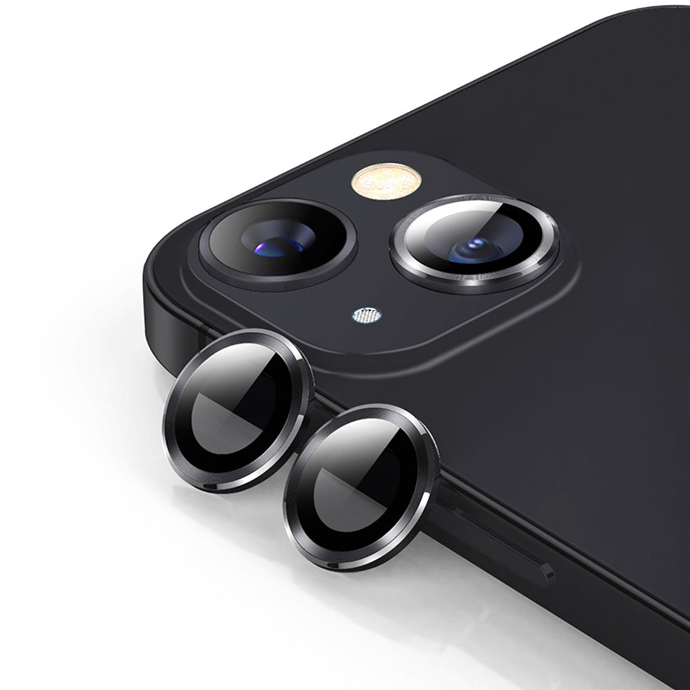 Uniqkart For iPhone 15 / 15 Plus 1 Set Camera Lens Protector Tempered Glass + Aluminum Alloy Ring Rear Lens Film - Black