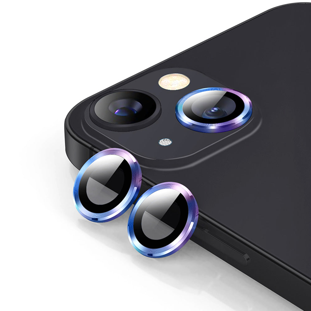 Uniqkart For iPhone 15 / 15 Plus 1 Set Camera Lens Protector Tempered Glass + Aluminum Alloy Ring Rear Lens Film - Multi-color