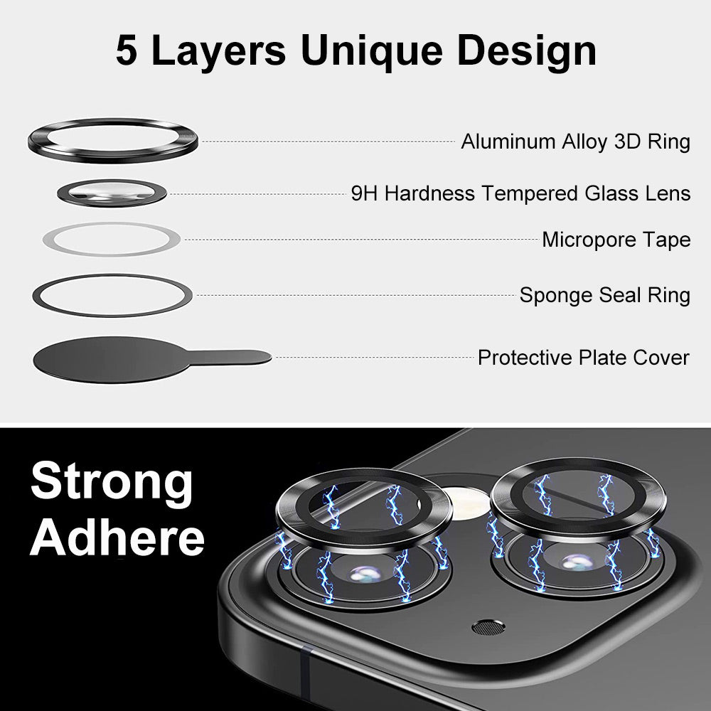 Uniqkart For iPhone 15 / 15 Plus 1 Set Camera Lens Protector Tempered Glass + Aluminum Alloy Ring Rear Lens Film - Multi-color