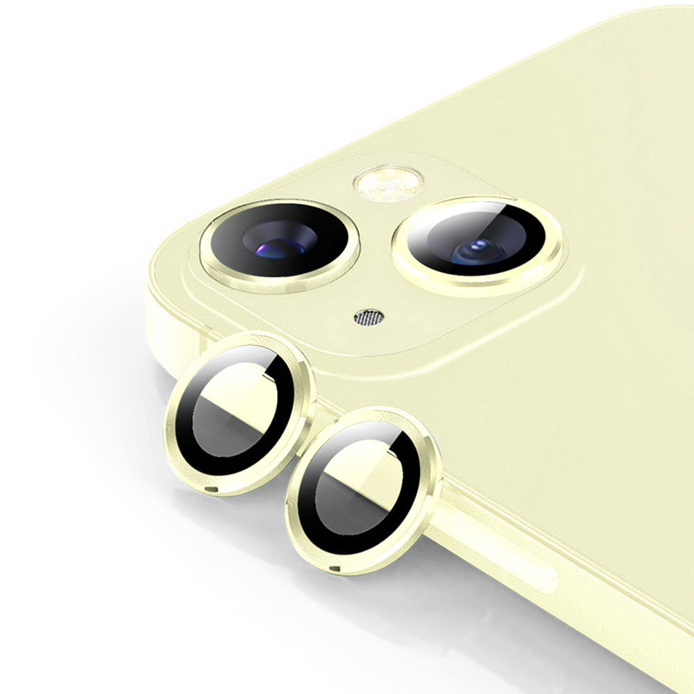 Uniqkart For iPhone 15 / 15 Plus 1 Set Camera Lens Protector Tempered Glass + Aluminum Alloy Ring Rear Lens Film - Yellow