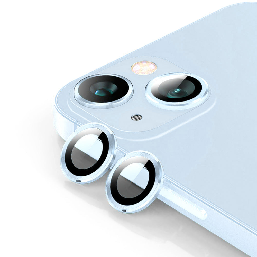 Uniqkart For iPhone 15 / 15 Plus 1 Set Camera Lens Protector Tempered Glass + Aluminum Alloy Ring Rear Lens Film - Blue