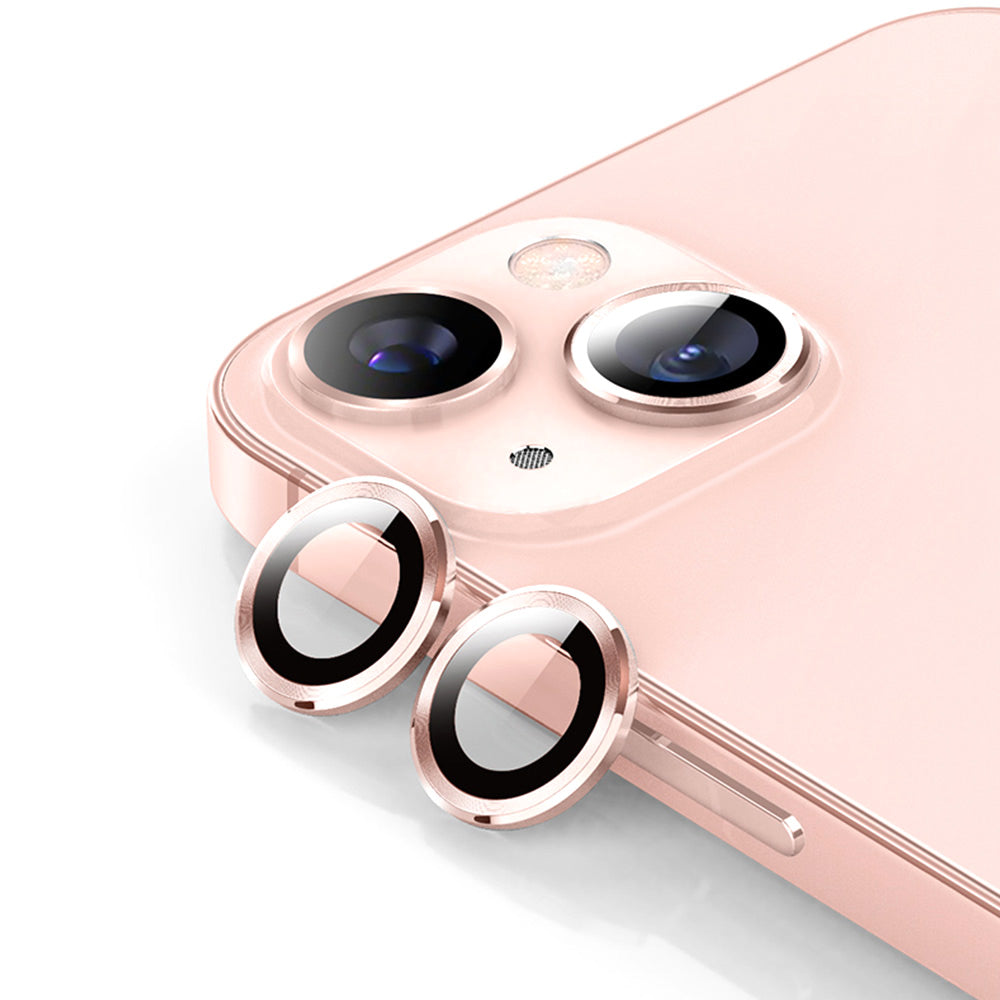 Uniqkart For iPhone 15 / 15 Plus 1 Set Camera Lens Protector Tempered Glass + Aluminum Alloy Ring Rear Lens Film - Pink
