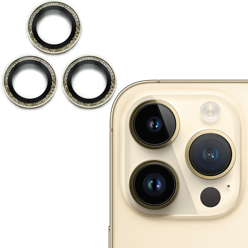 Uniqkart For iPhone 15 Pro / 15 Pro Max Camera Lens Protector AR HD Tempered Glass Glitter Ring Lens Film - Gold