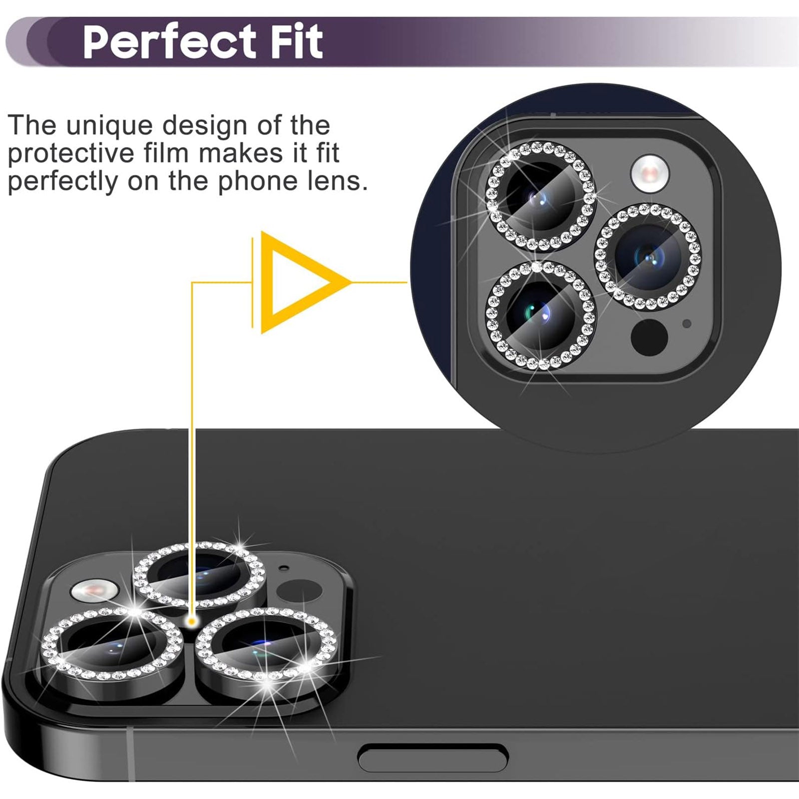 Uniqkart for iPhone 15 Pro / 15 Pro Max Camera Lens Protector Set Metal Rhinestone Ring Tempered Glass Lens Film - Black