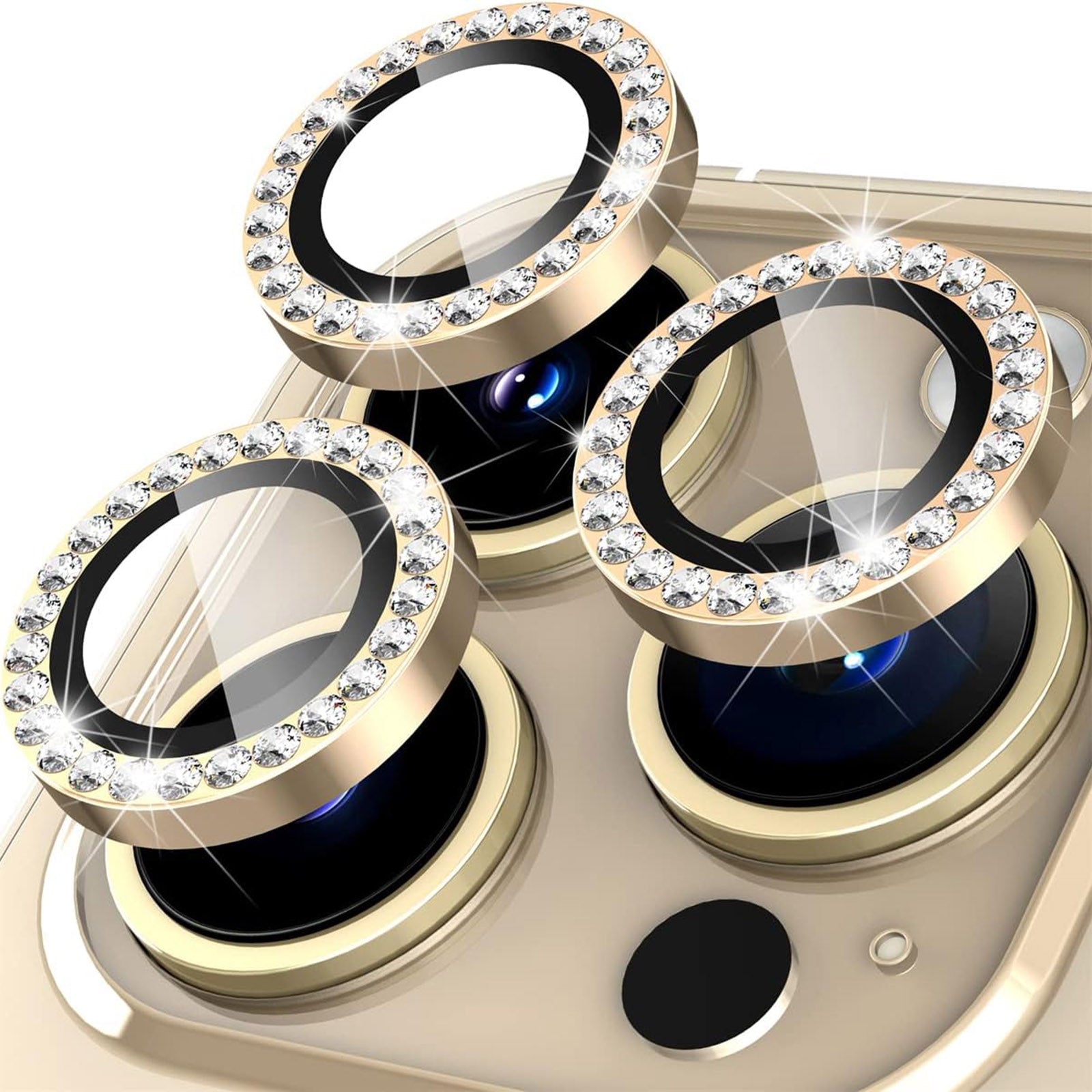 Uniqkart for iPhone 15 Pro / 15 Pro Max Camera Lens Protector Set Metal Rhinestone Ring Tempered Glass Lens Film - Gold