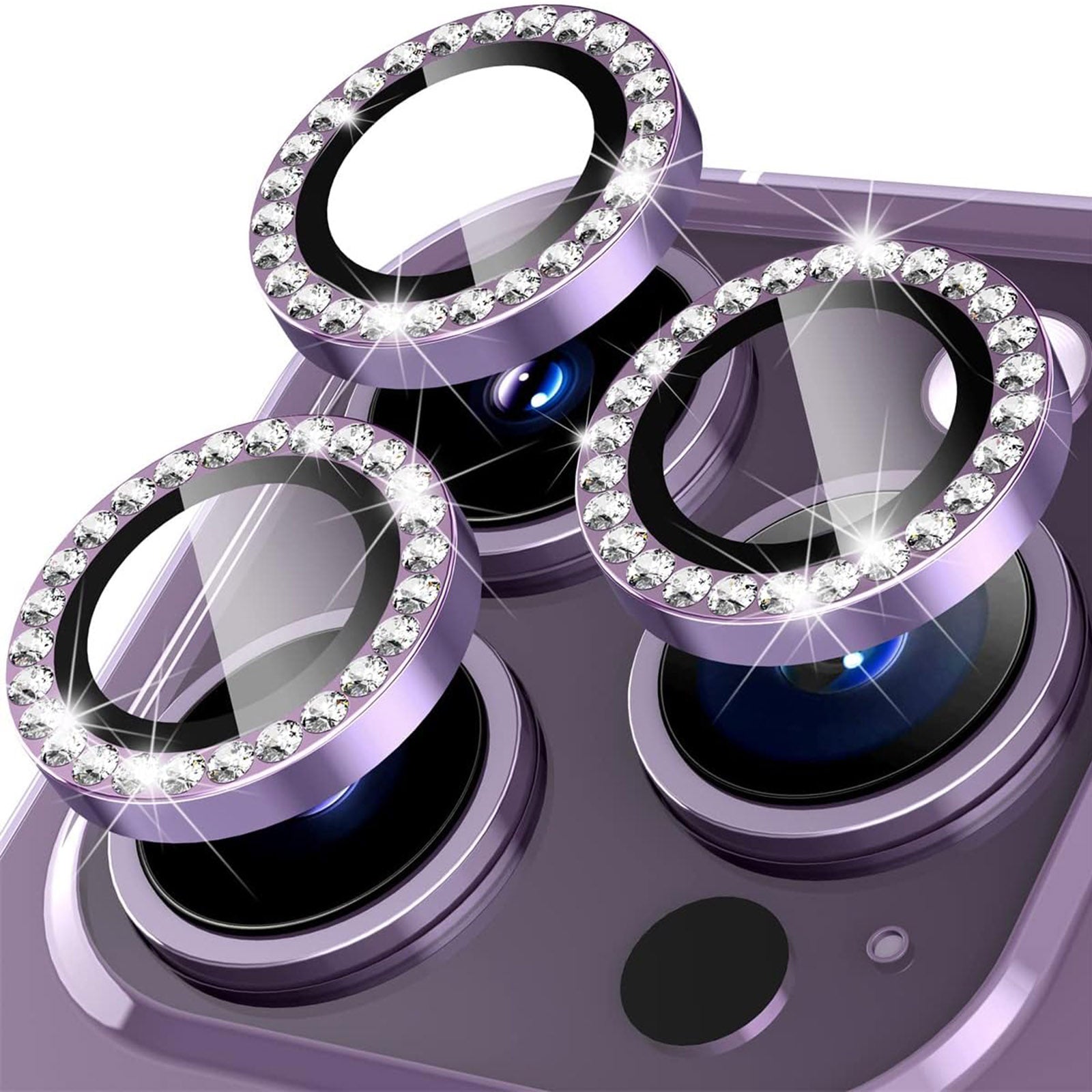 Uniqkart for iPhone 15 Pro / 15 Pro Max Camera Lens Protector Set Metal Rhinestone Ring Tempered Glass Lens Film - Purple