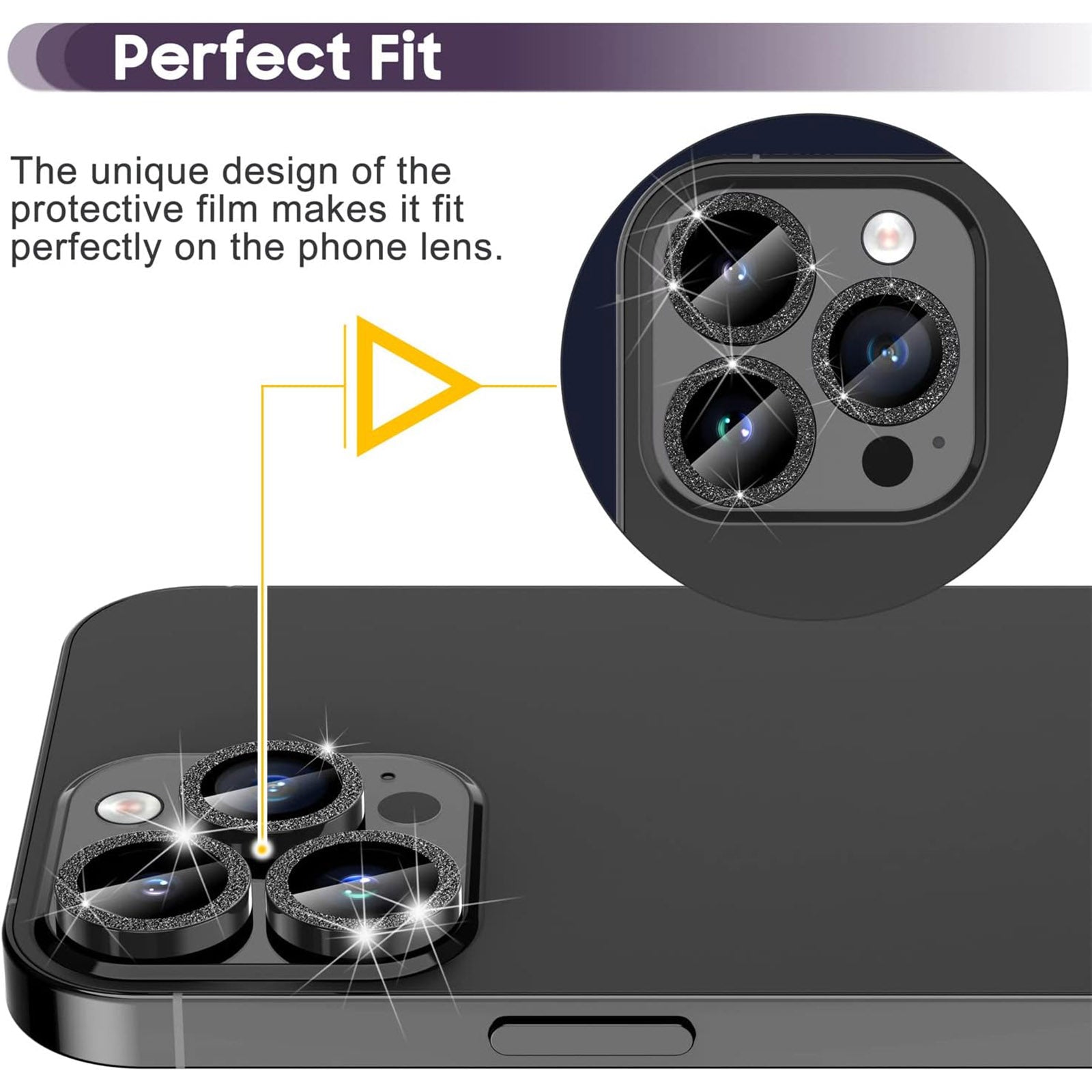 Uniqkart for iPhone 15 Pro / 15 Pro Max Ring Circle Lens Film Set Glitter Metal+Tempered Glass Camera Lens Protector - Black