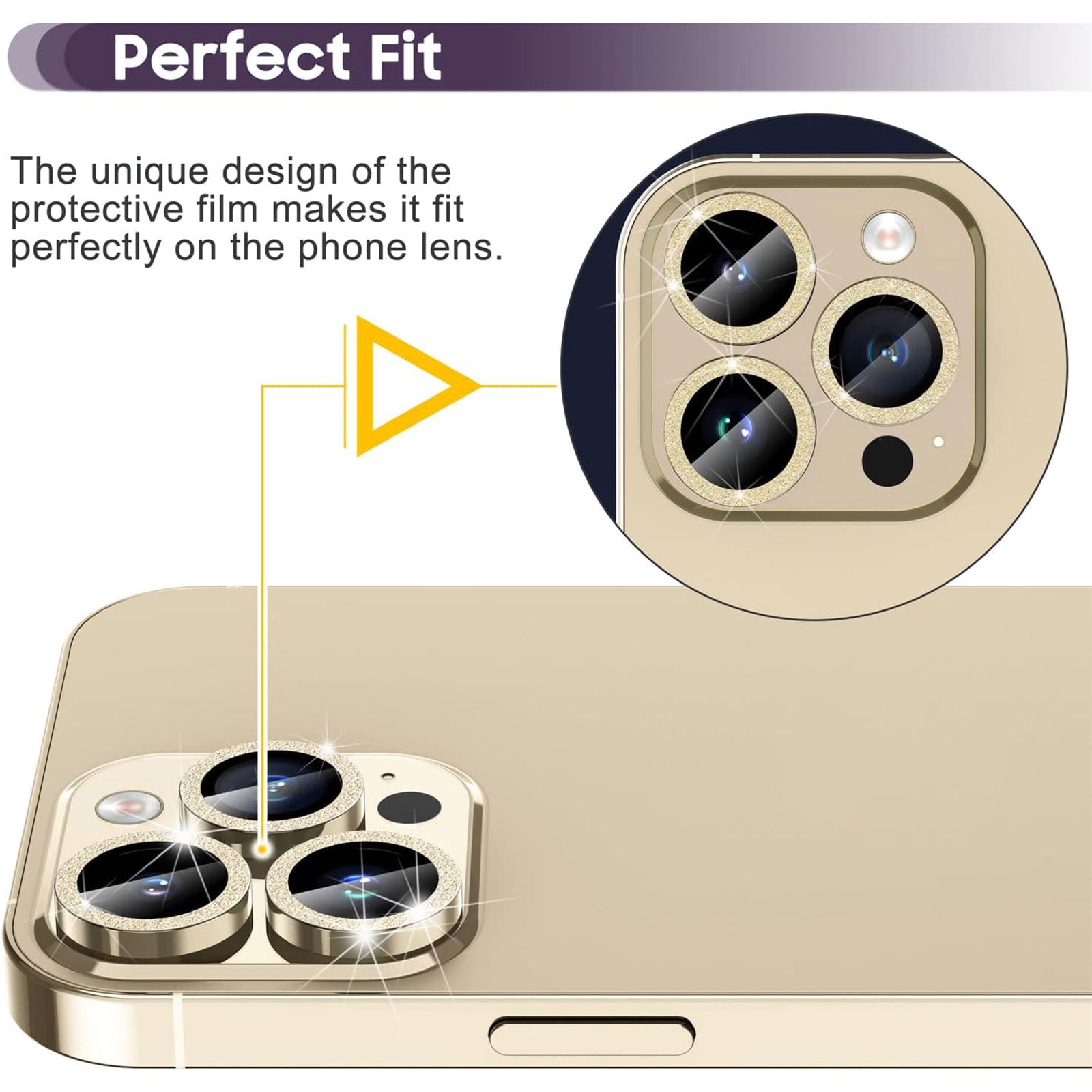 Uniqkart for iPhone 15 Pro / 15 Pro Max Ring Circle Lens Film Set Glitter Metal+Tempered Glass Camera Lens Protector - Gold