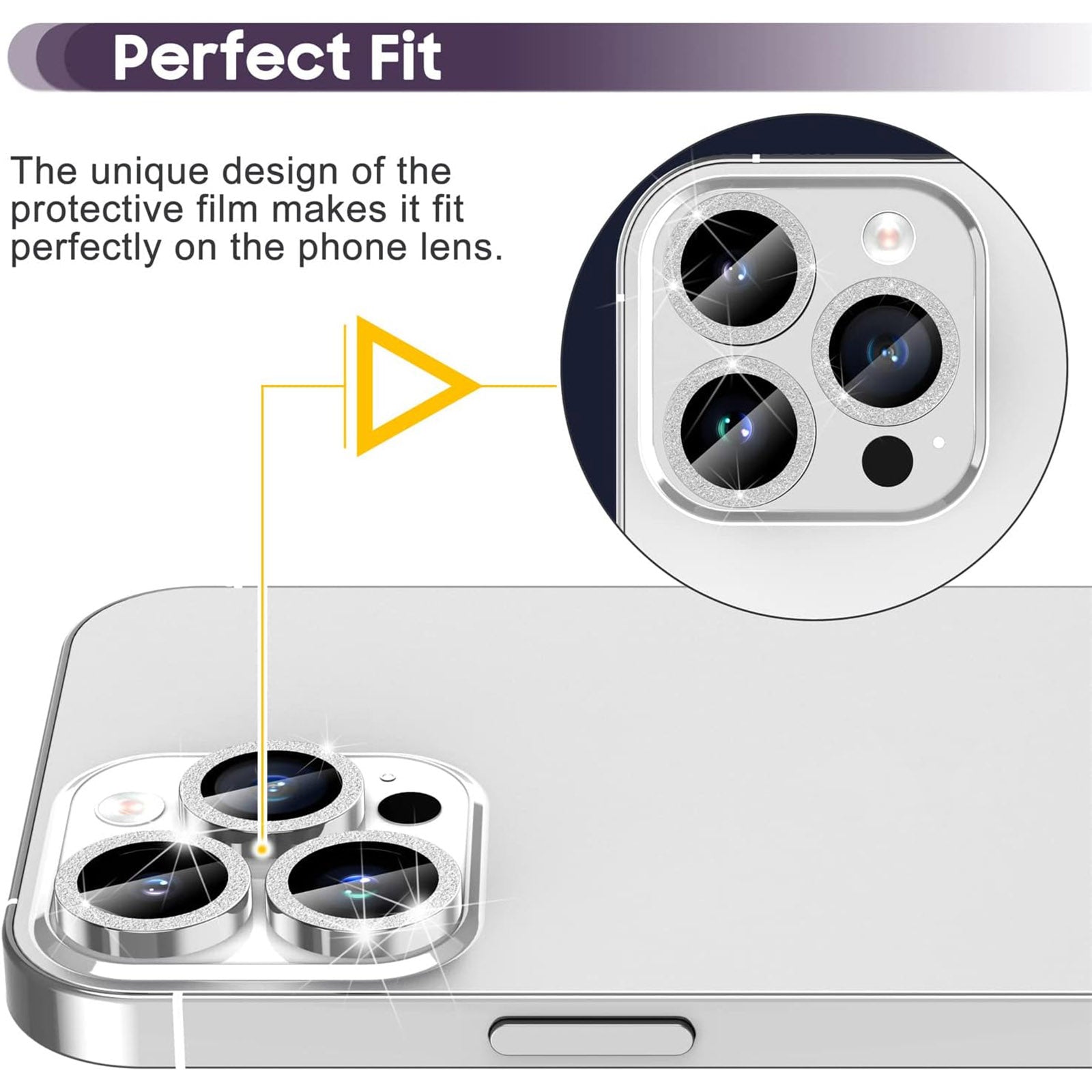 Uniqkart for iPhone 15 Pro / 15 Pro Max Ring Circle Lens Film Set Glitter Metal+Tempered Glass Camera Lens Protector - Silver