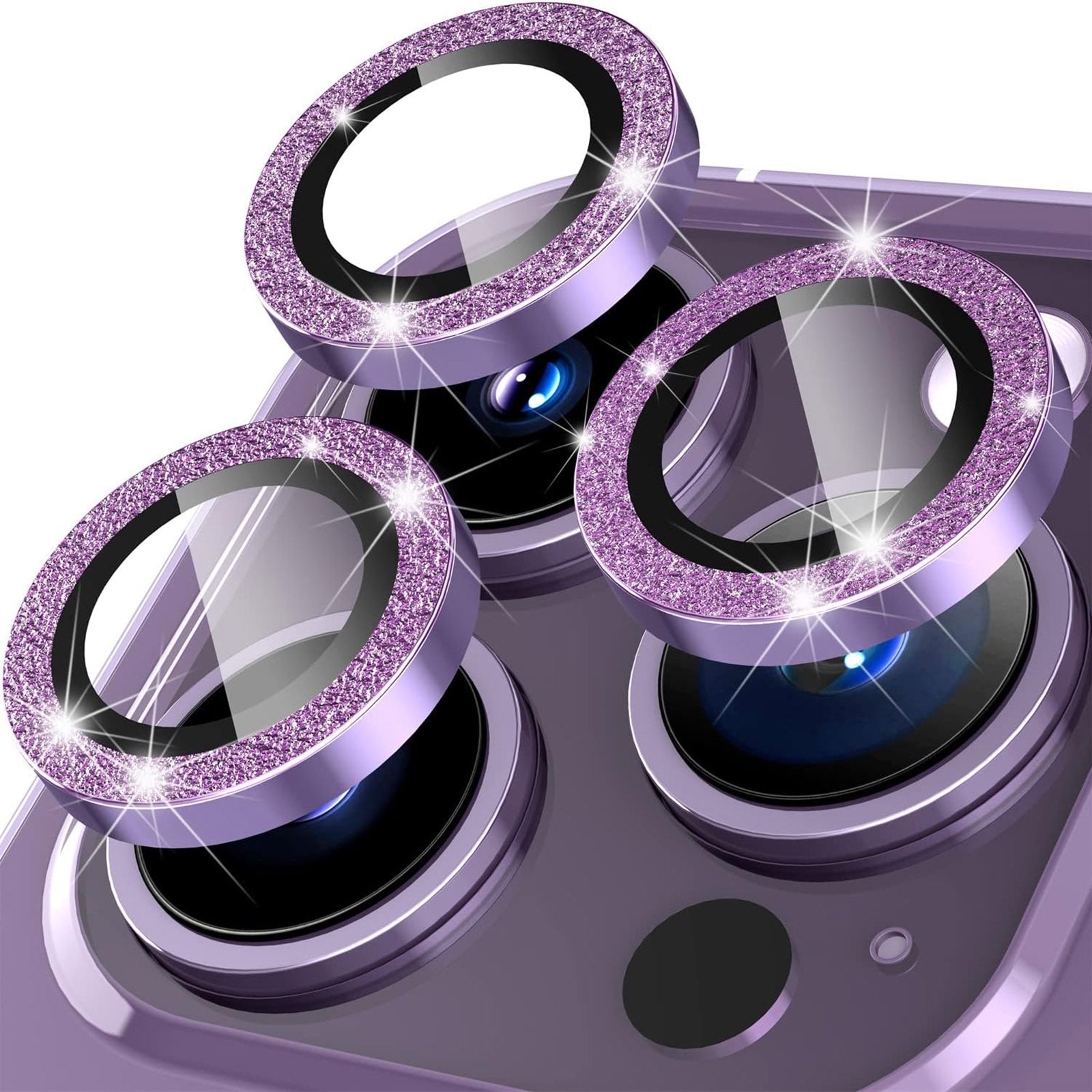 Uniqkart for iPhone 15 Pro / 15 Pro Max Ring Circle Lens Film Set Glitter Metal+Tempered Glass Camera Lens Protector - Purple