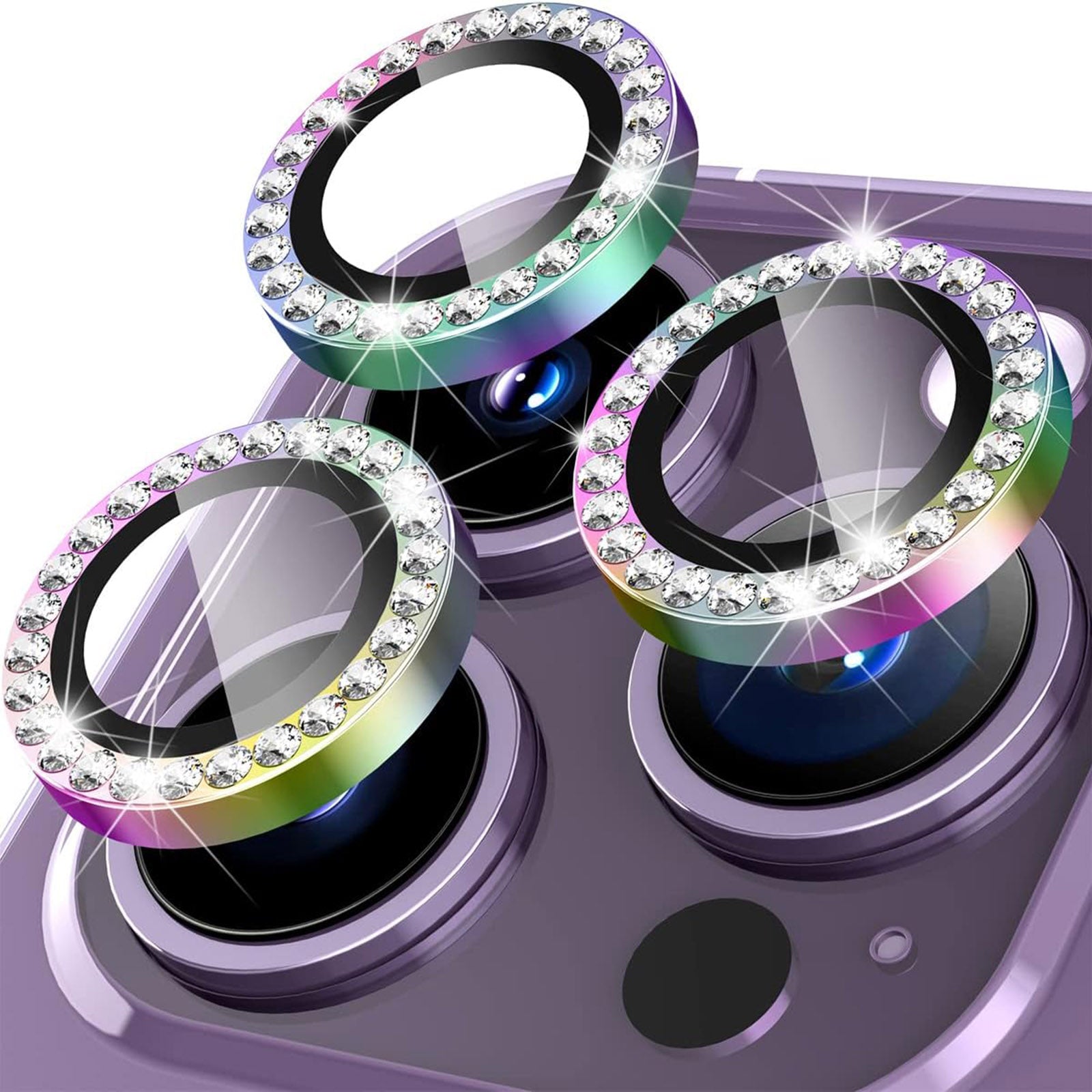 Uniqkart for iPhone 15 Pro / 15 Pro Max Rhinestone Camera Lens Protector Set Tempered Glass+Colorful Metal Ring Lens Film