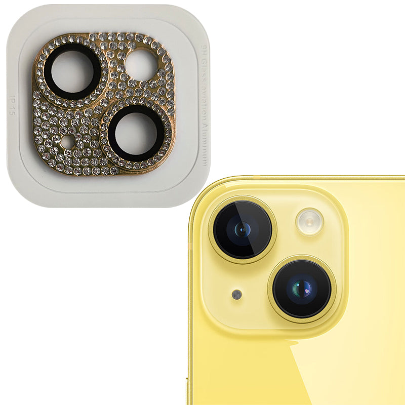 Uniqkart For iPhone 15 / 15 Plus Crystal Clear Camera Lens Protector Aluminum Alloy + Tempered Glass Lens Film - Gold