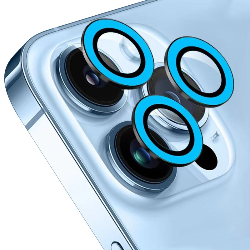 Uniqkart for iPhone 15 Pro / 15 Pro Max Luminous Camera Lens Protector Set Tempered Glass Individual Ring Lens Film - Blue