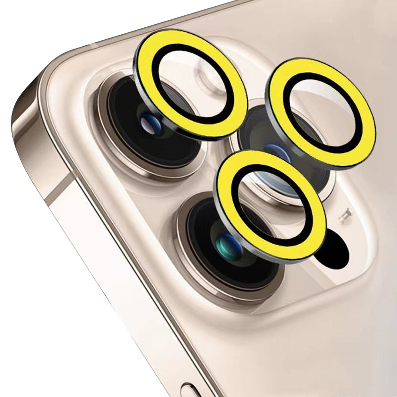 Uniqkart for iPhone 15 Pro / 15 Pro Max Luminous Camera Lens Protector Set Tempered Glass Individual Ring Lens Film - Yellow