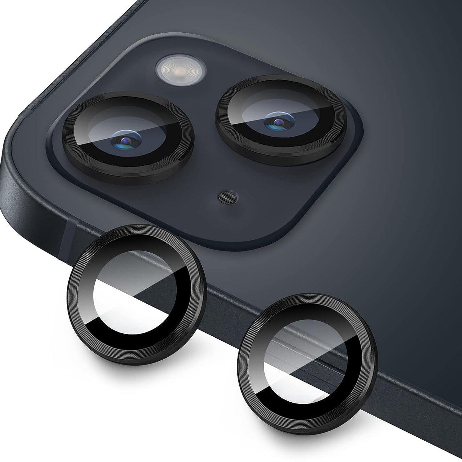 Uniqkart for iPhone 15 / 15 Plus Camera Lens Protector Set CD Vein Tempered Glass + Metal Ring Lens Film - Black