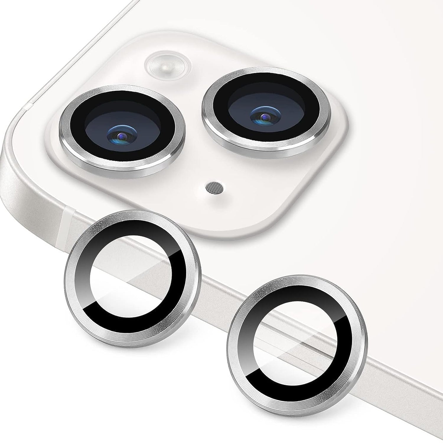 Uniqkart for iPhone 15 / 15 Plus Camera Lens Protector Set CD Vein Tempered Glass + Metal Ring Lens Film - Silver