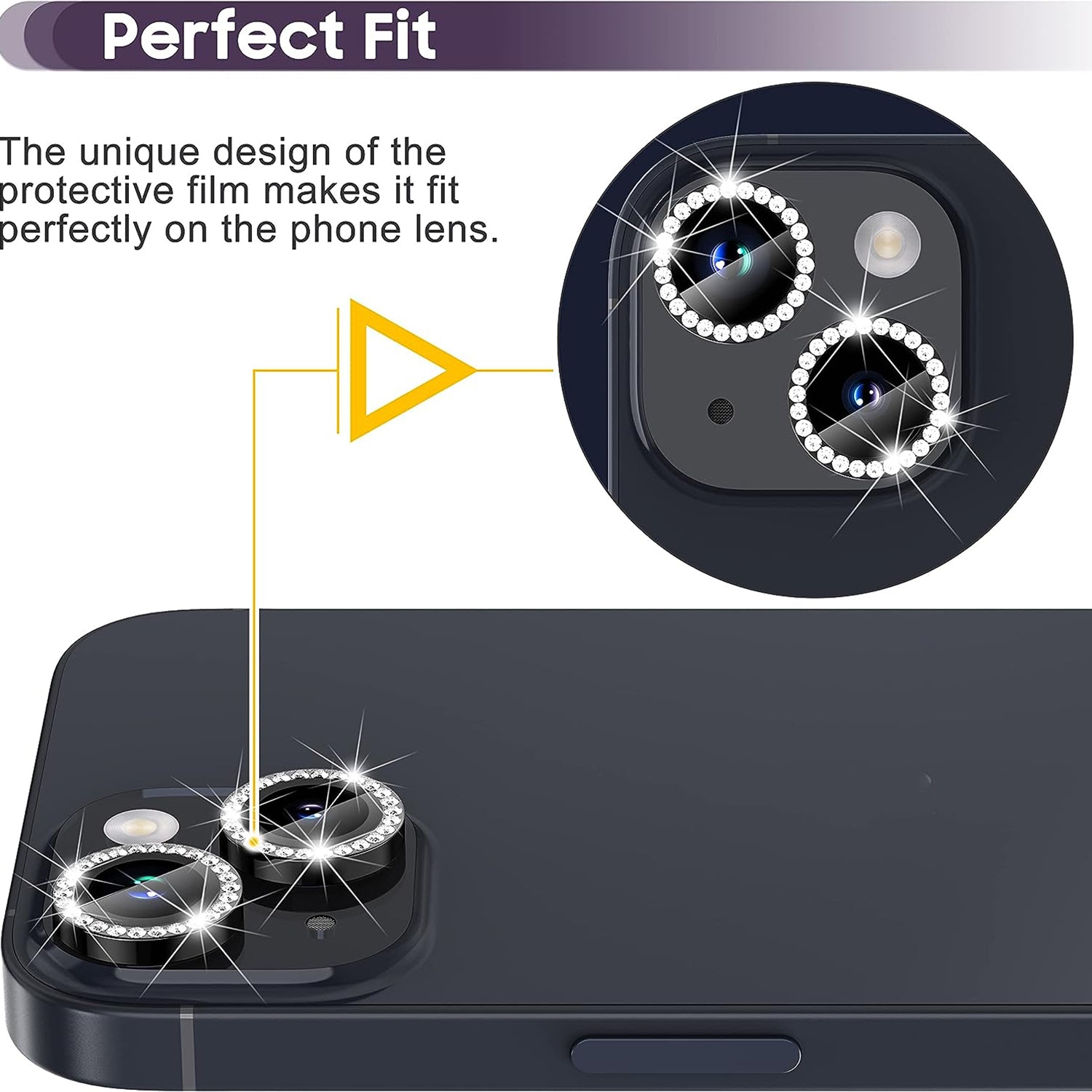 Uniqkart for iPhone 15 / 15 Plus Rhinestone Decor Camera Lens Protector Set Tempered Glass+Metal Ring Cover Lens Film - Black