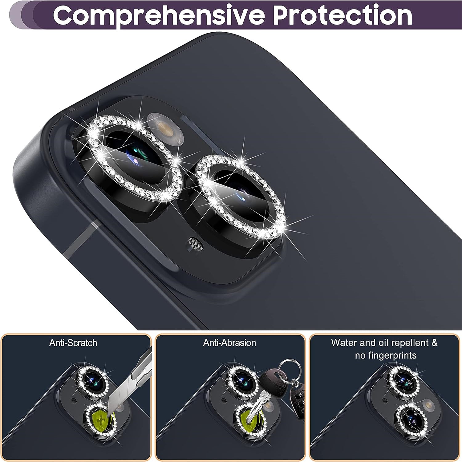 Uniqkart for iPhone 15 / 15 Plus Rhinestone Decor Camera Lens Protector Set Tempered Glass+Metal Ring Cover Lens Film - Black