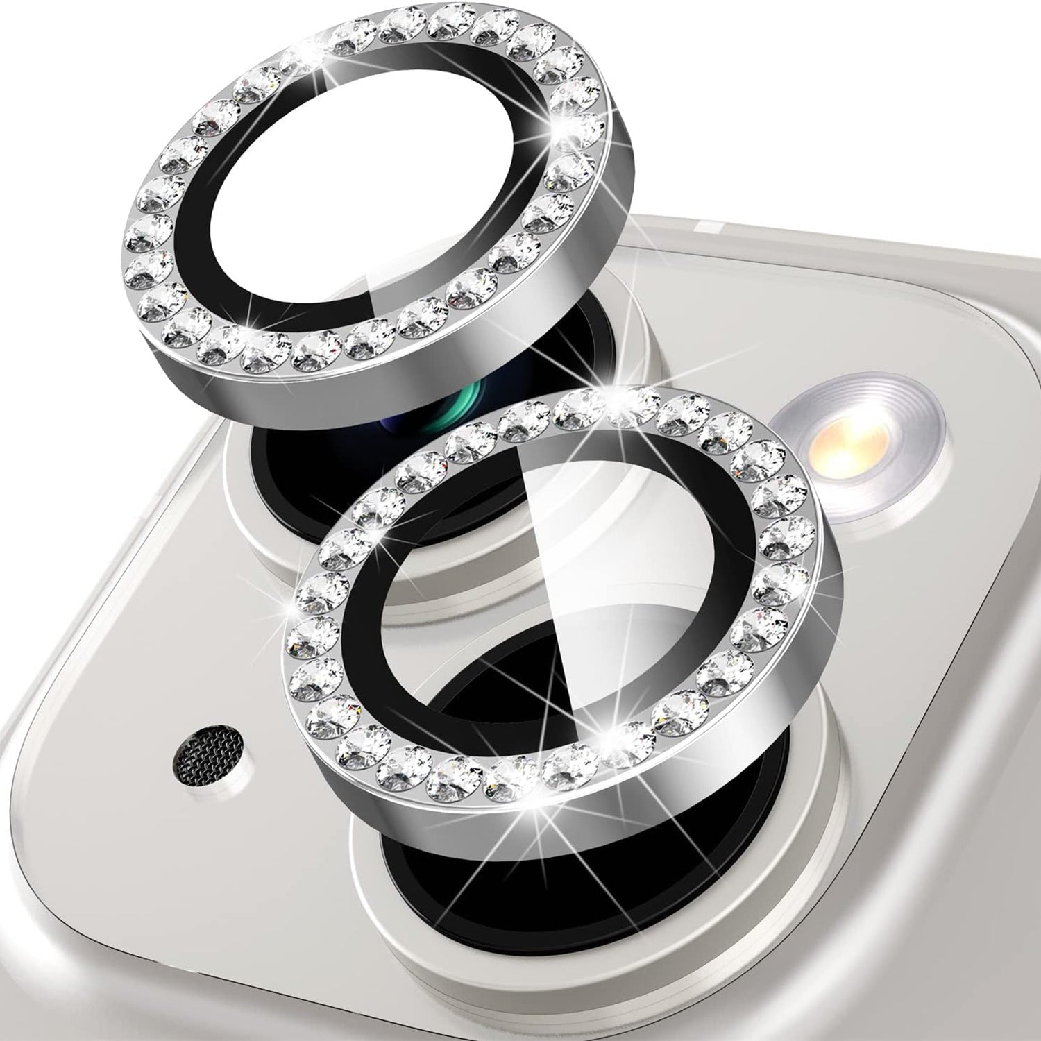 Uniqkart for iPhone 15 / 15 Plus Rhinestone Decor Camera Lens Protector Set Tempered Glass+Metal Ring Cover Lens Film - Silver