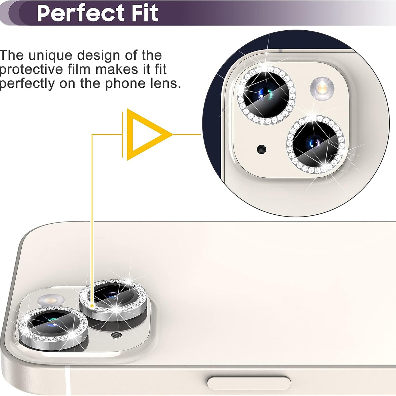 Uniqkart for iPhone 15 / 15 Plus Rhinestone Decor Camera Lens Protector Set Tempered Glass+Metal Ring Cover Lens Film - Silver