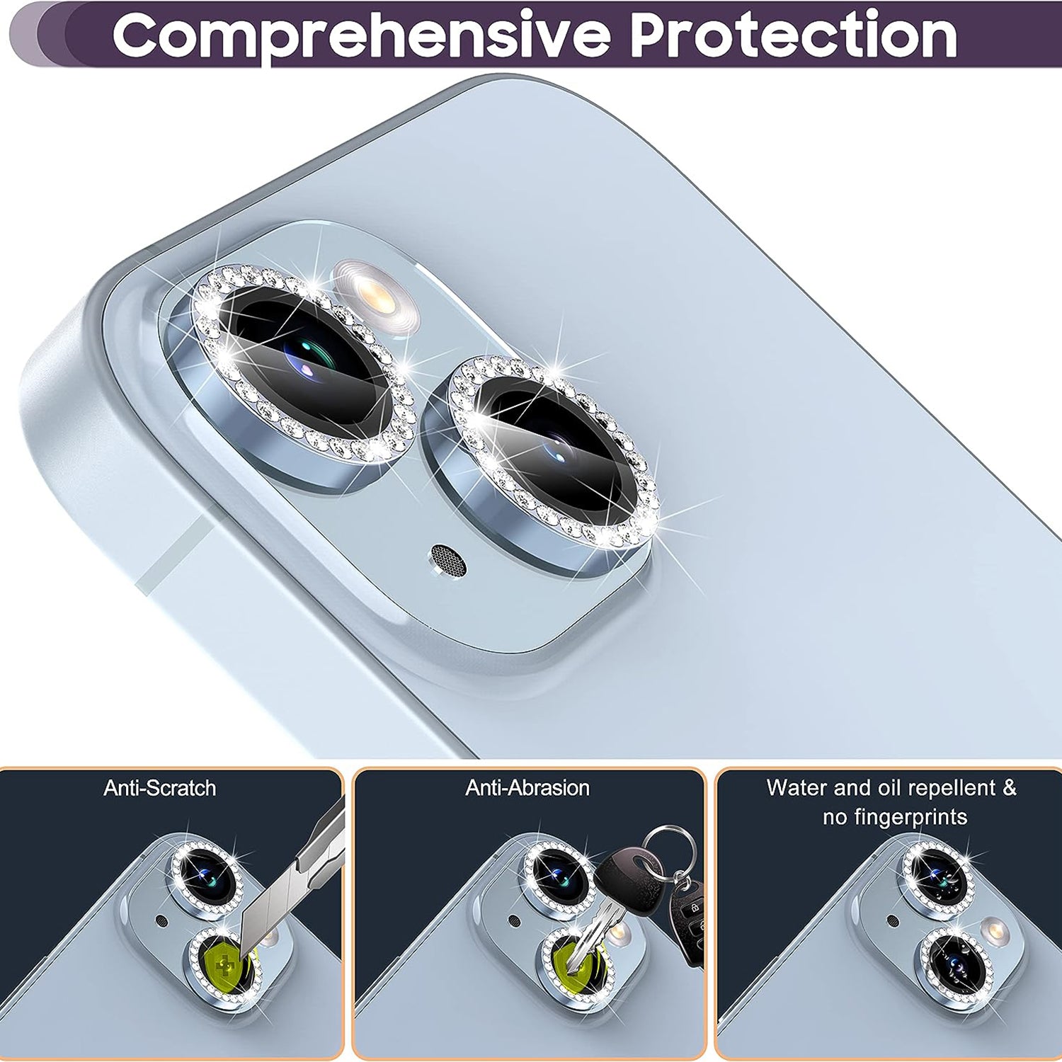 Uniqkart for iPhone 15 / 15 Plus Rhinestone Decor Camera Lens Protector Set Tempered Glass+Metal Ring Cover Lens Film - Blue