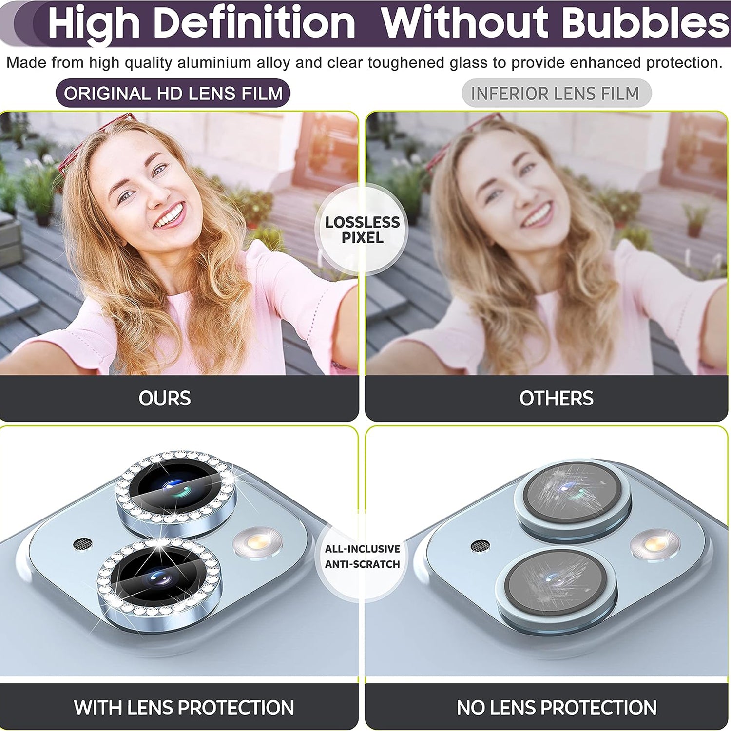 Uniqkart for iPhone 15 / 15 Plus Rhinestone Decor Camera Lens Protector Set Tempered Glass+Metal Ring Cover Lens Film - Blue