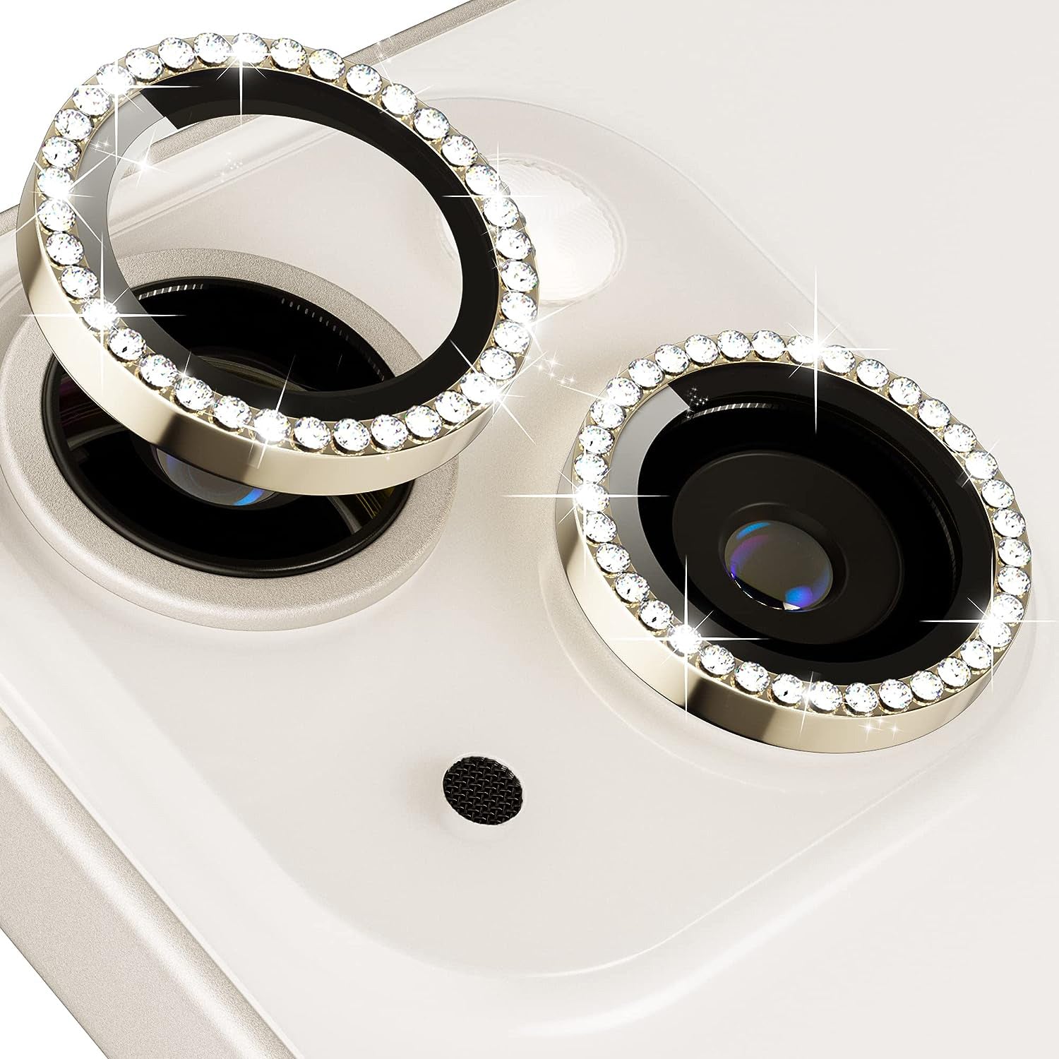 Uniqkart for iPhone 15 / 15 Plus Rhinestone Decor Camera Lens Protector Set Tempered Glass+Metal Ring Cover Lens Film - Gold