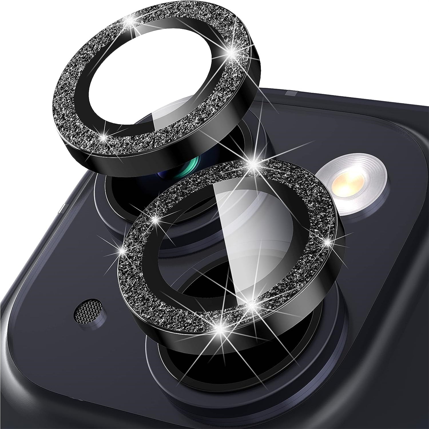 Uniqkart for iPhone 15 / 15 Plus Camera Lens Protector Set Glitter Metal Ring Tempered Glass Back Lens Film - Black