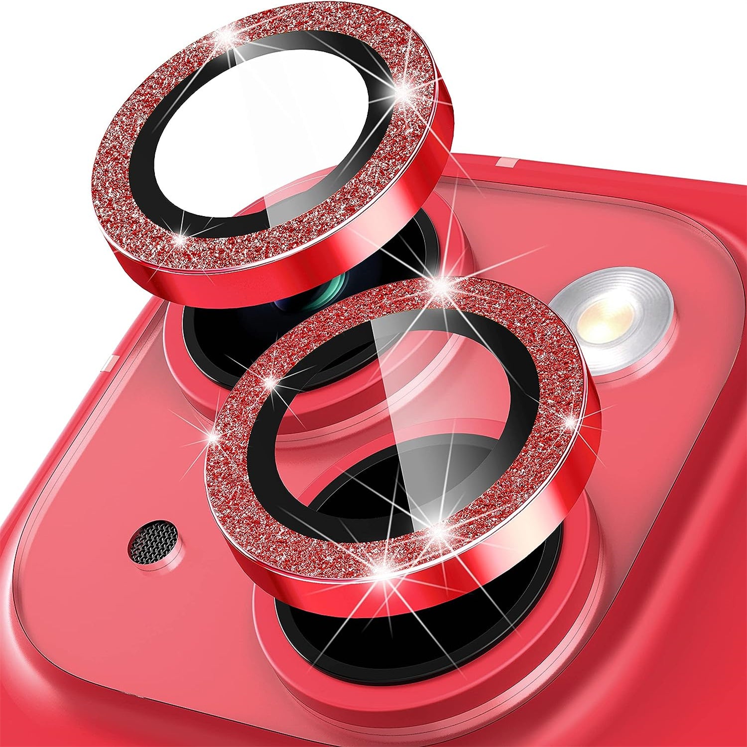 Uniqkart for iPhone 15 / 15 Plus Camera Lens Protector Set Glitter Metal Ring Tempered Glass Back Lens Film - Red