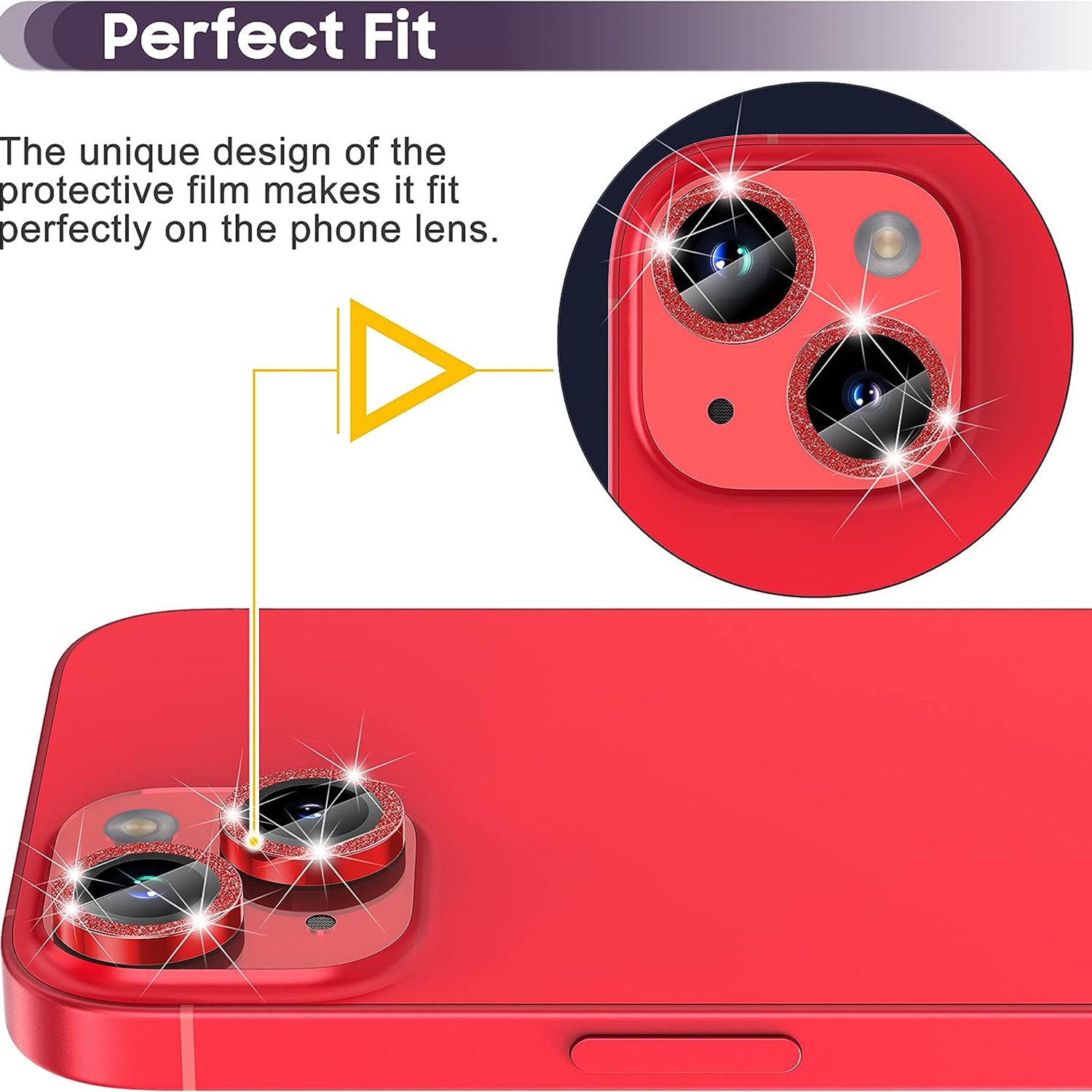 Uniqkart for iPhone 15 / 15 Plus Camera Lens Protector Set Glitter Metal Ring Tempered Glass Back Lens Film - Red