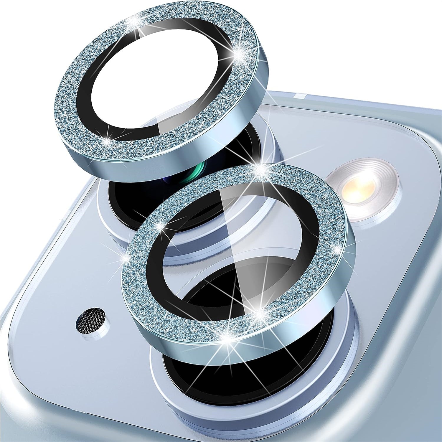 Uniqkart for iPhone 15 / 15 Plus Camera Lens Protector Set Glitter Metal Ring Tempered Glass Back Lens Film - Blue