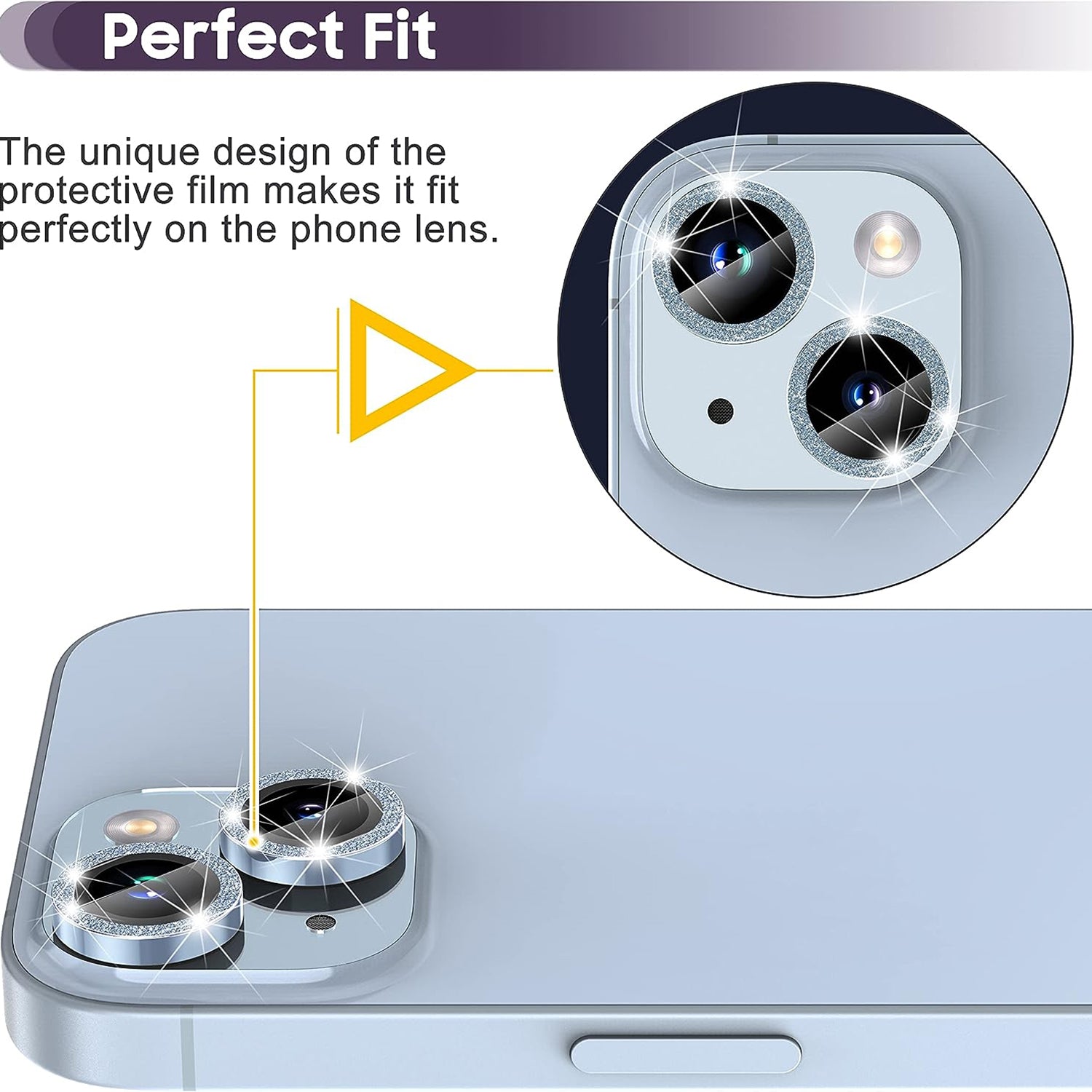 Uniqkart for iPhone 15 / 15 Plus Camera Lens Protector Set Glitter Metal Ring Tempered Glass Back Lens Film - Blue